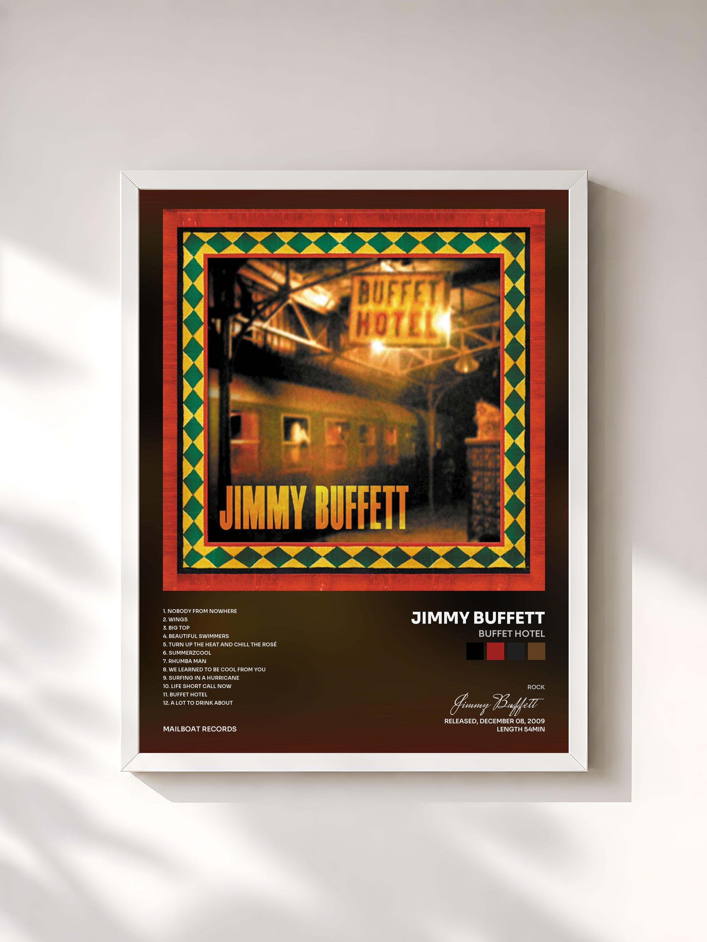 #blanc Tableau de l'album Buffet Hotel de Jimmy Buffett, cadre blanc, imprimé et encadré en France