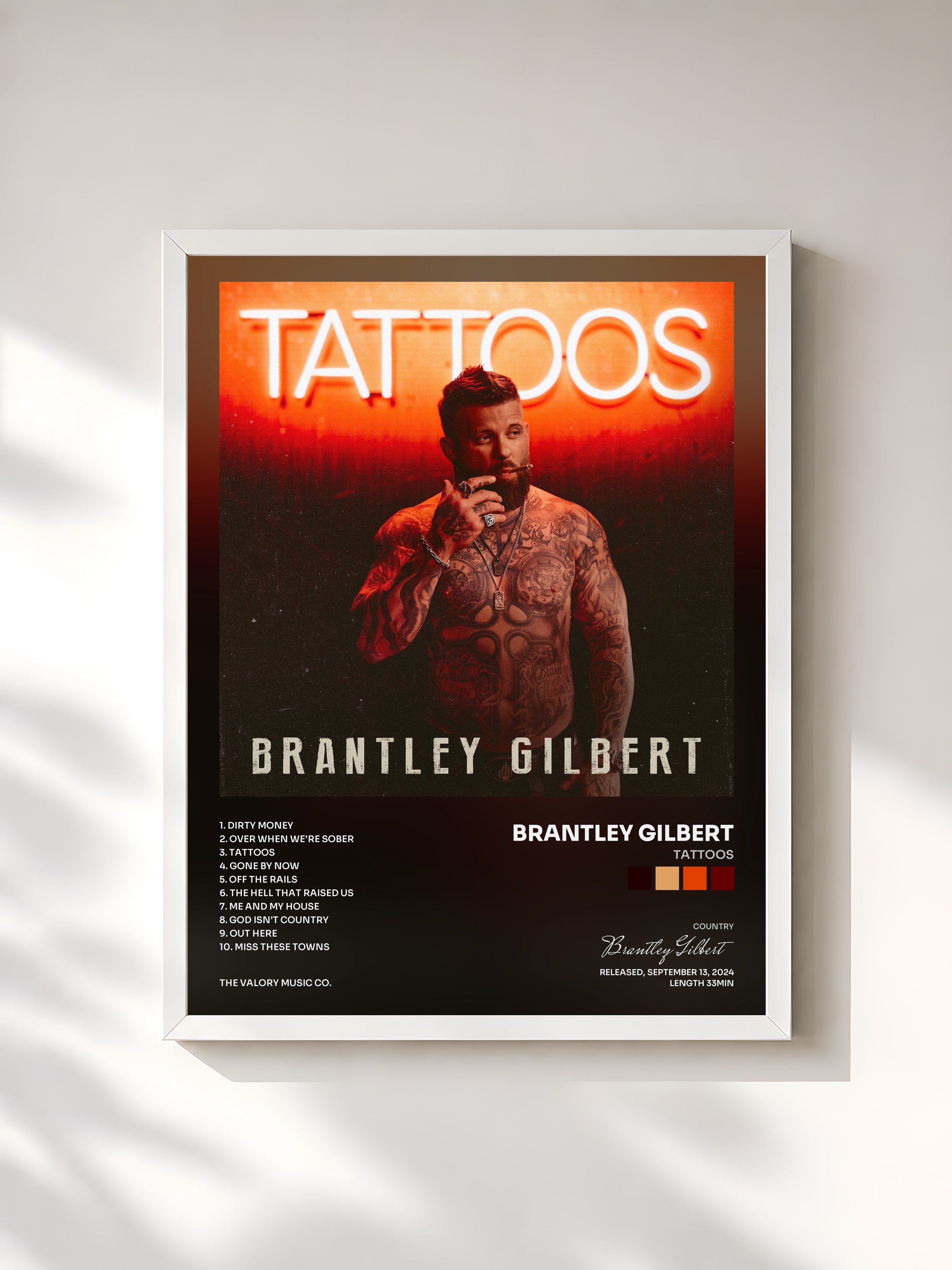 #blanc Tableau de l'album Tattoos de Brantley Gilbert, cadre blanc, imprimé et encadré en France