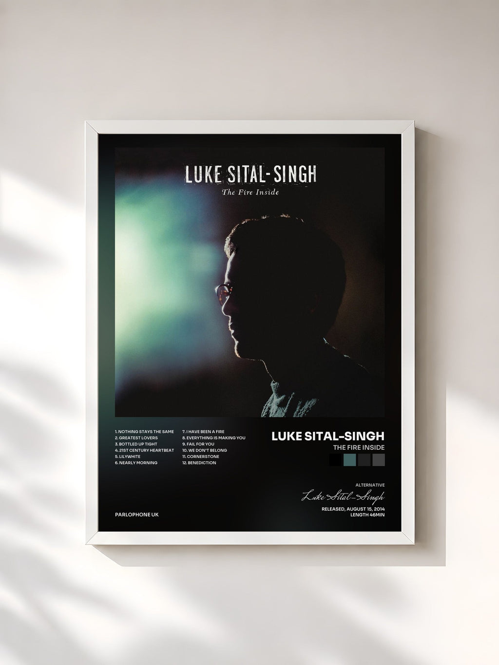#blanc Tableau de l'album The Fire Inside de Luke Sital-Singh, cadre blanc, imprimé et encadré en France