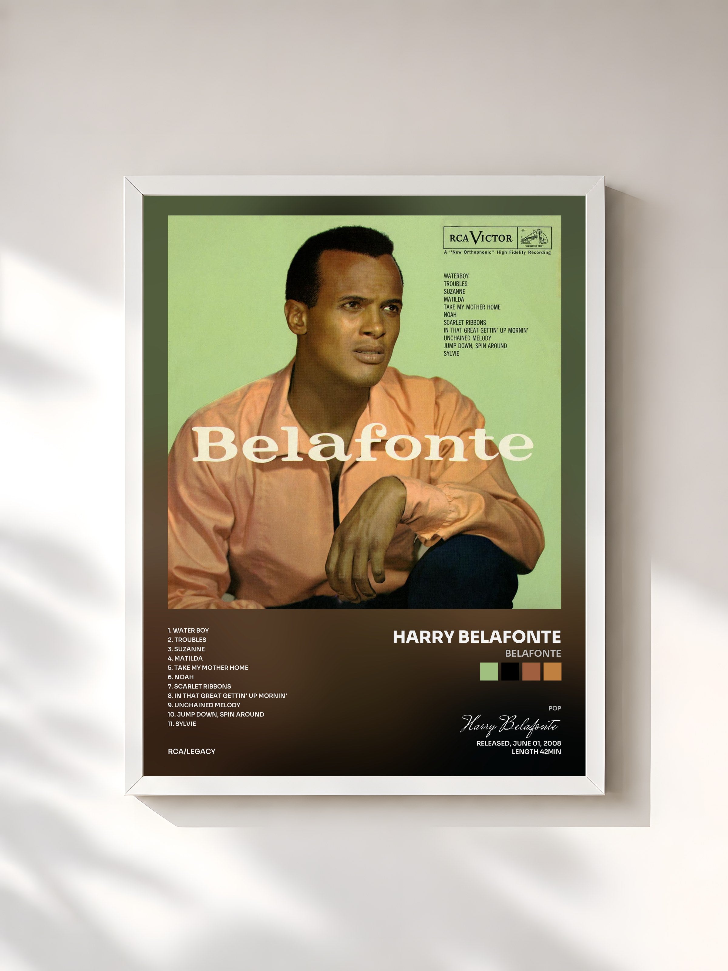 #blanc Tableau de l'album Belafonte de Harry Belafonte, cadre blanc, imprimé et encadré en France