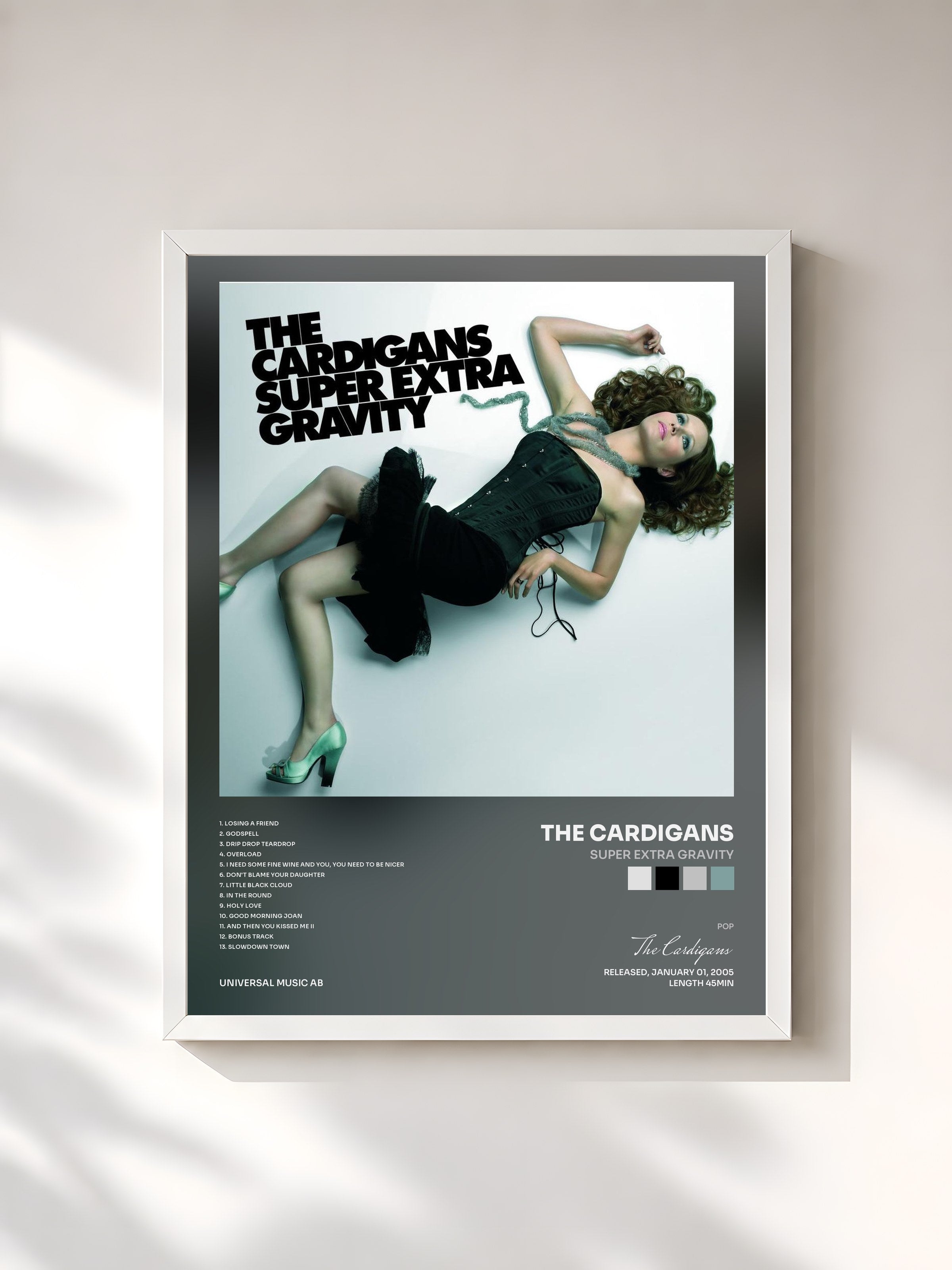 #blanc Tableau de l'album Super Extra Gravity de The Cardigans, cadre blanc, imprimé et encadré en France