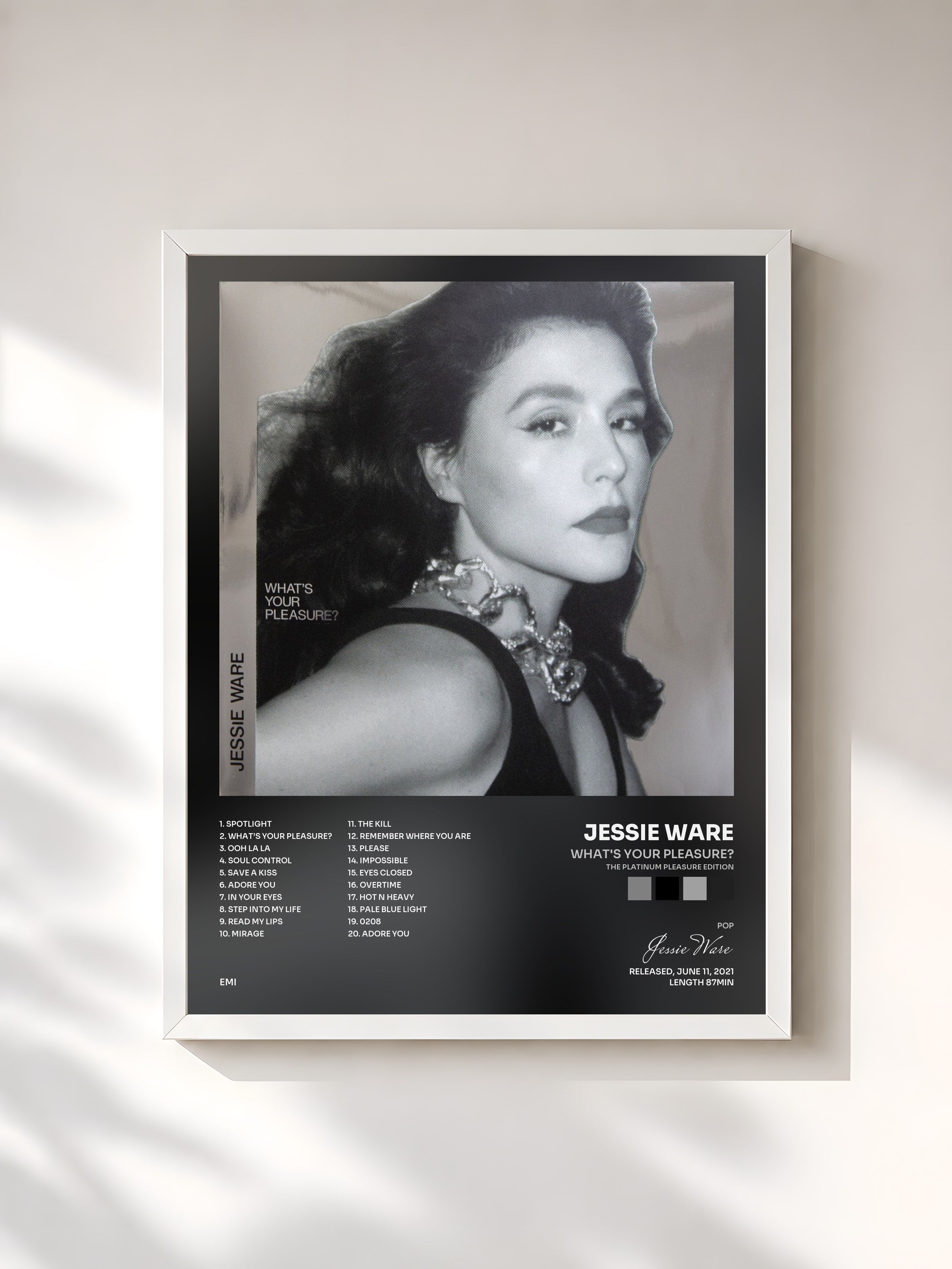 #blanc Tableau de l'album What's Your Pleasure? (The Platinum Pleasure Edition) de Jessie Ware, cadre blanc, imprimé et encadré en France