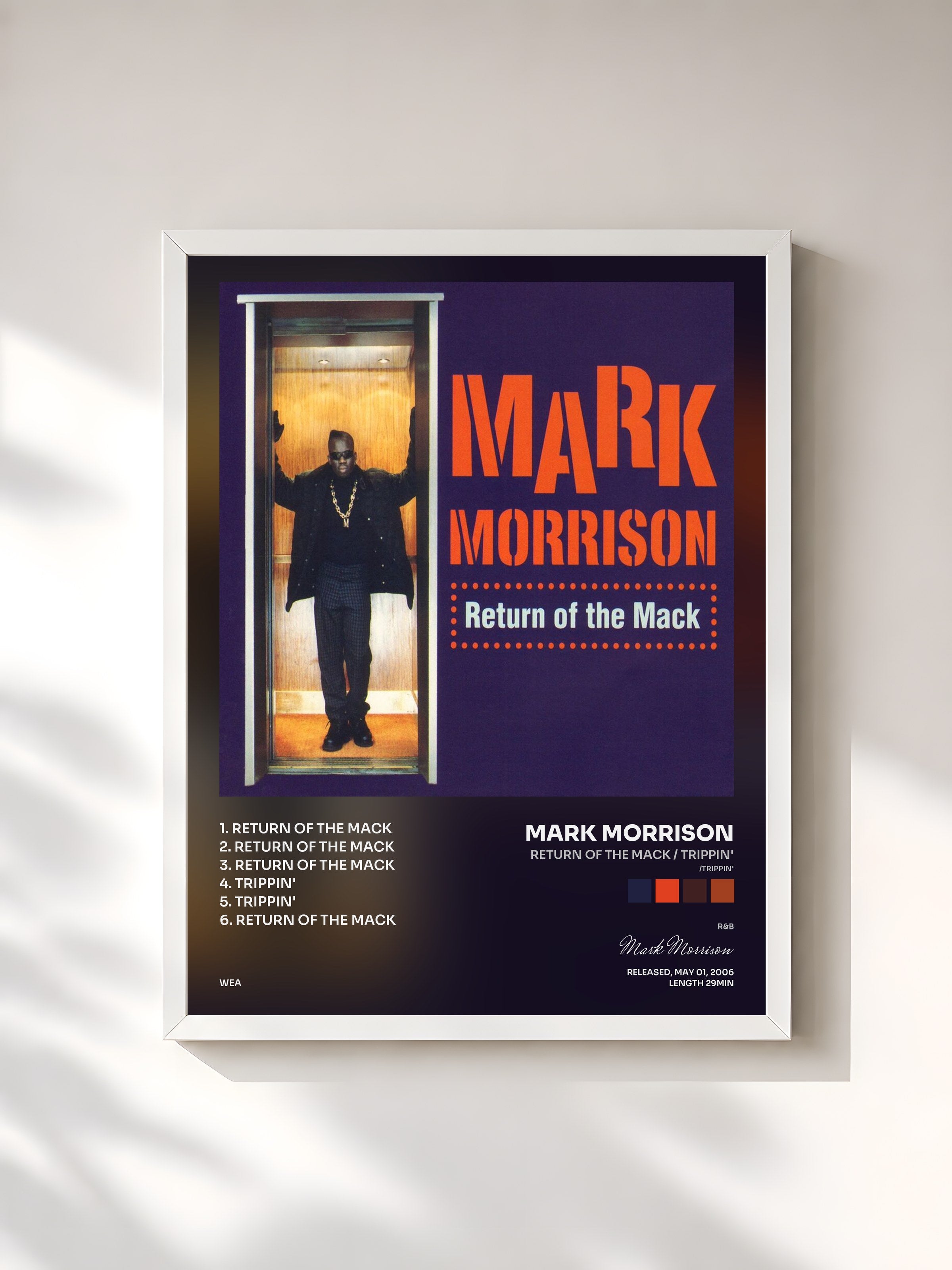 #blanc Tableau de l'album Return of the Mack / Trippin' (/Trippin') de Mark Morrison, cadre blanc, imprimé et encadré en France
