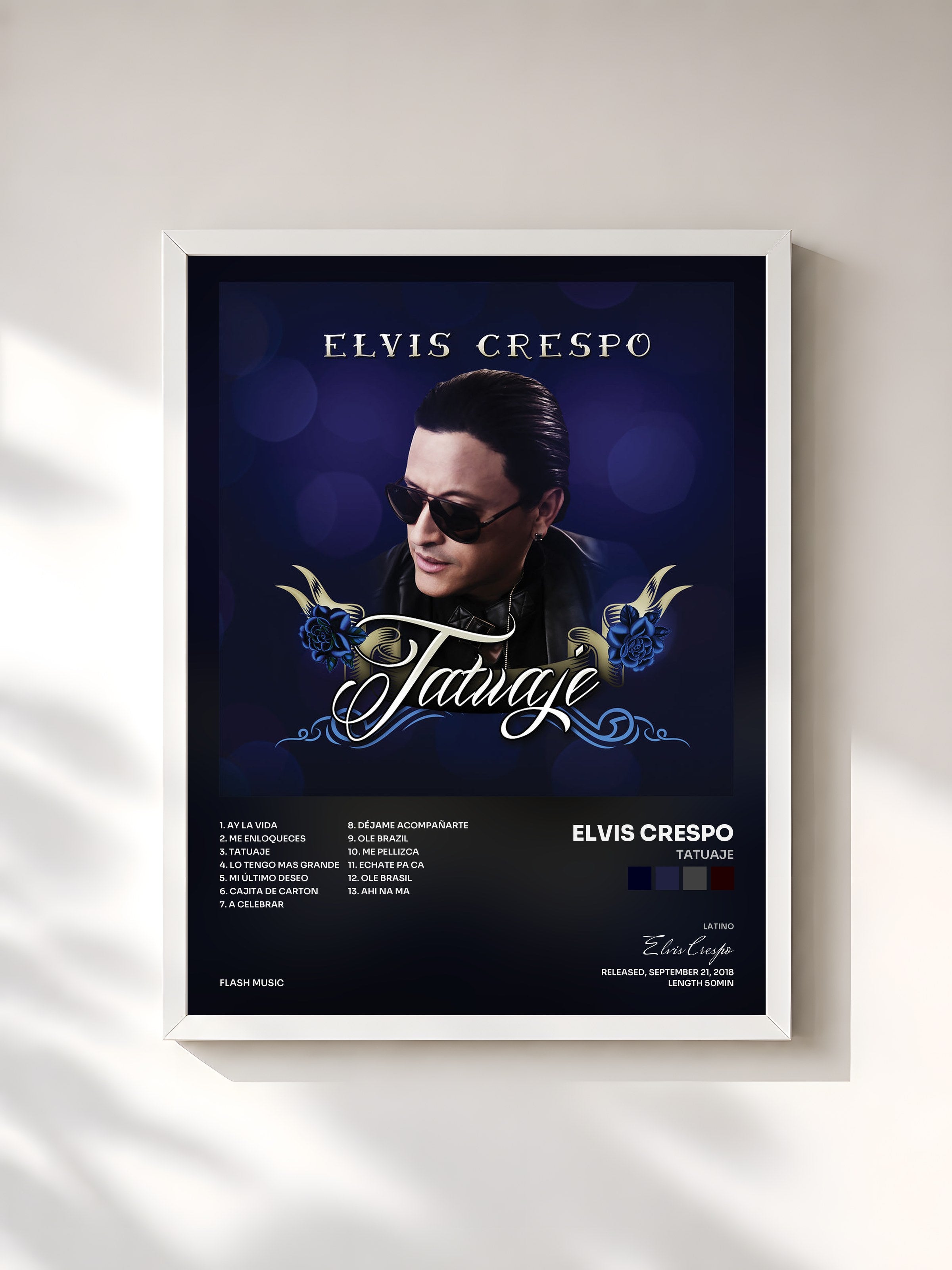 #blanc Tableau de l'album Tatuaje de Elvis Crespo, cadre blanc, imprimé et encadré en France