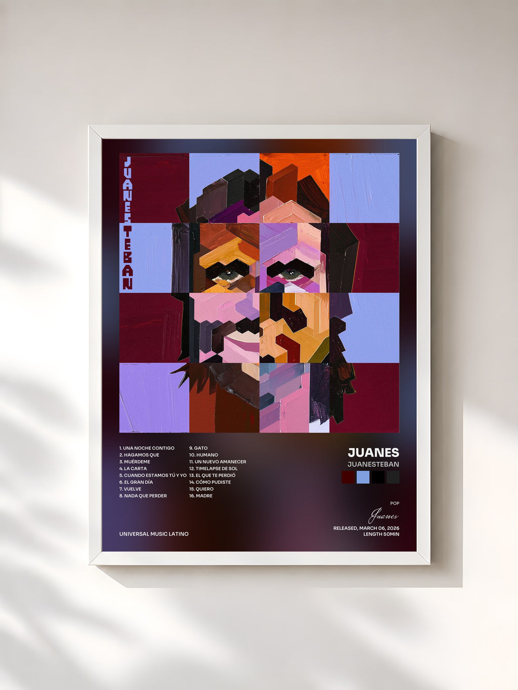 #blanc Tableau de l'album JuanesTeban de Juanes, cadre blanc, imprimé et encadré en France