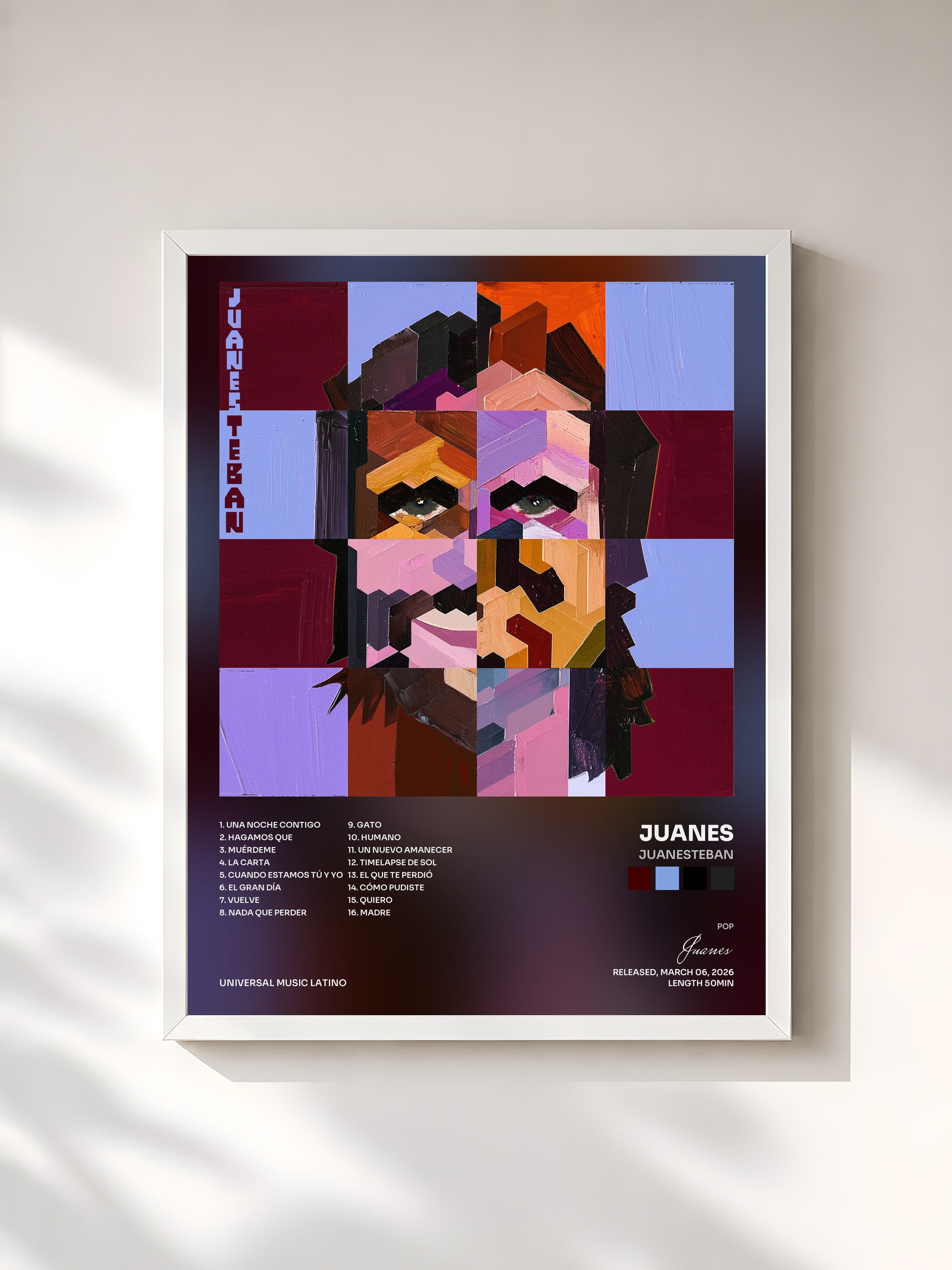 #blanc Tableau de l'album JuanesTeban de Juanes, cadre blanc, imprimé et encadré en France