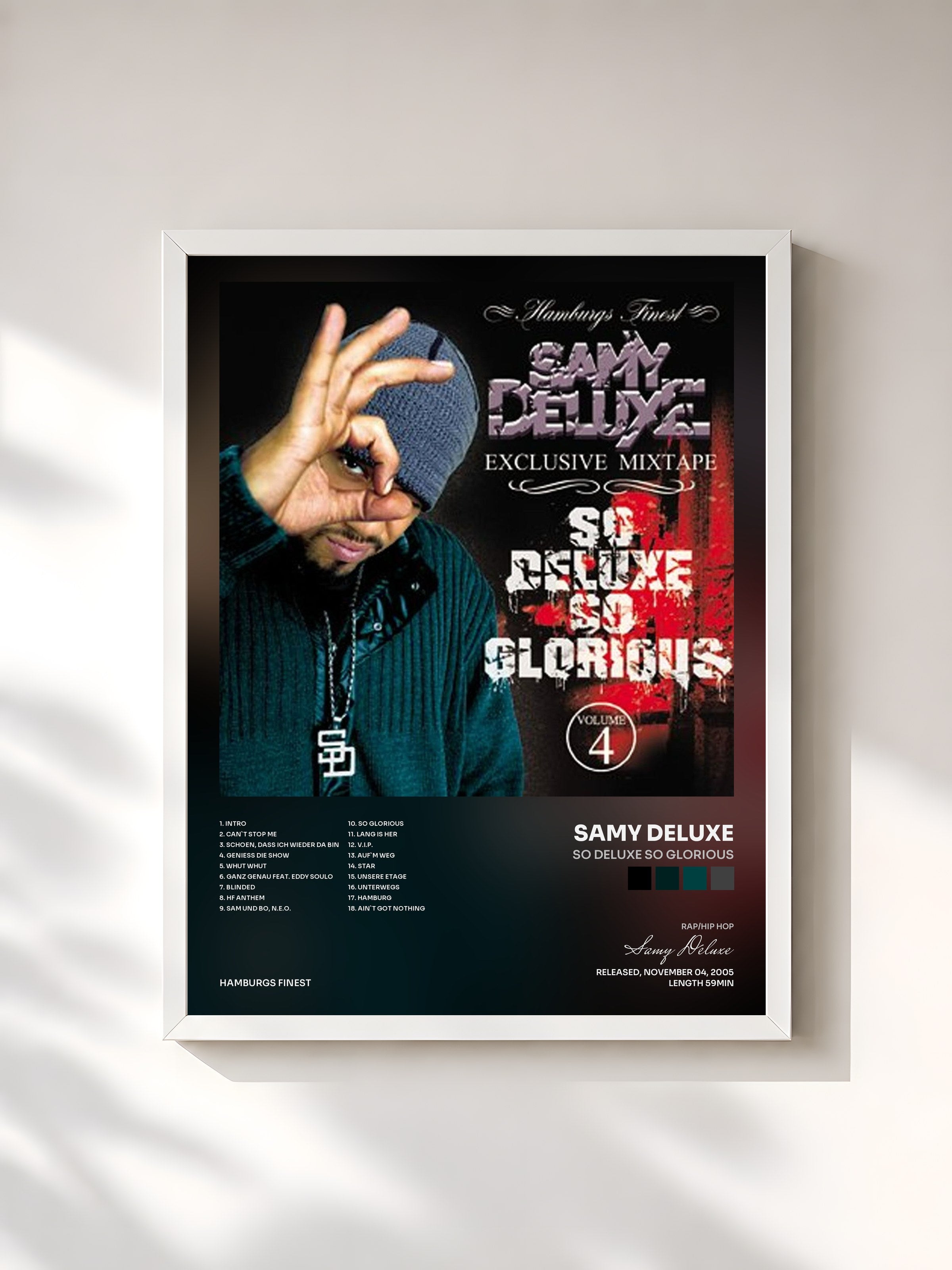 #blanc Tableau de l'album So Deluxe so Glorious de Samy Deluxe, cadre blanc, imprimé et encadré en France