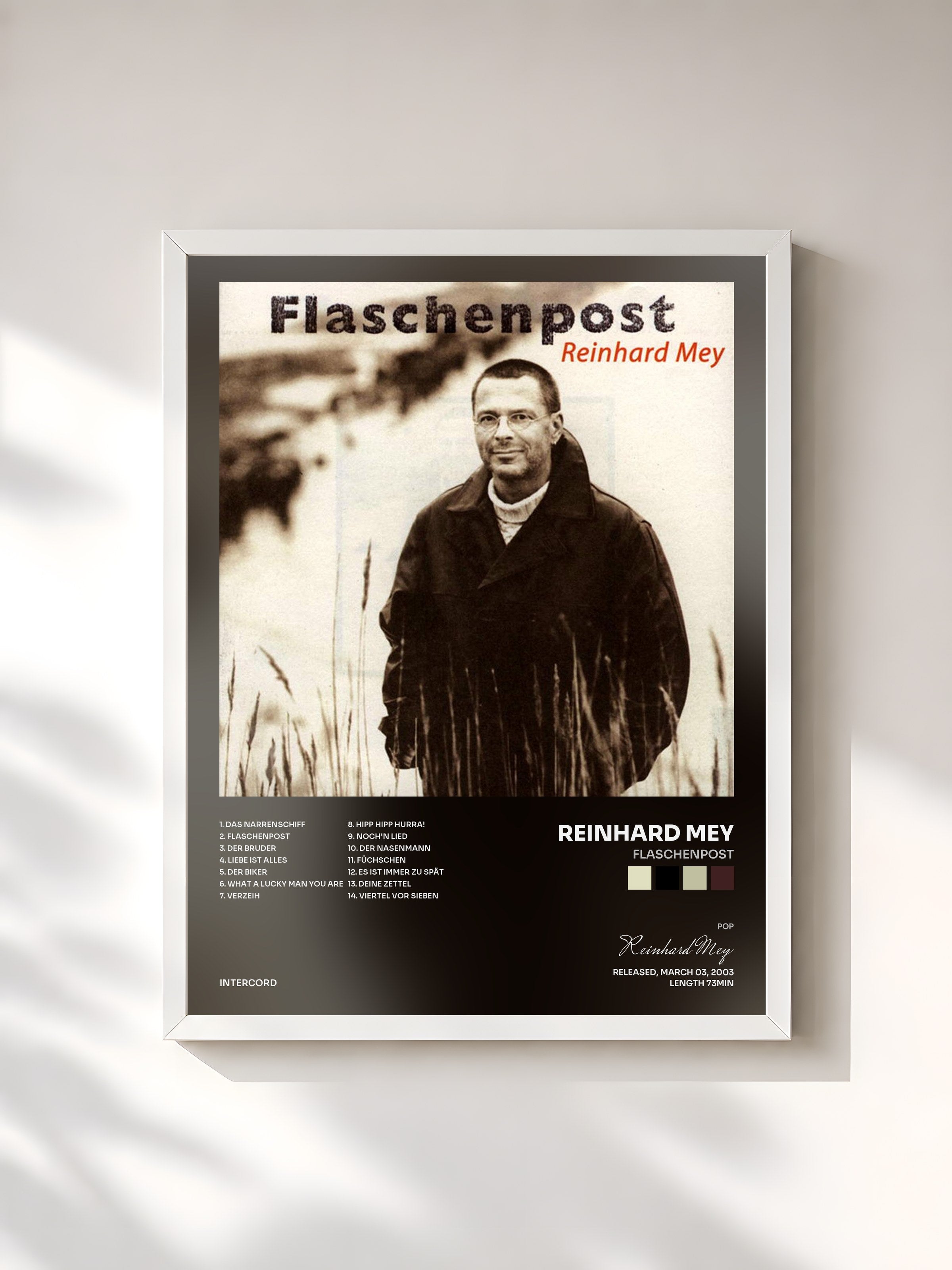 #blanc Tableau de l'album Flaschenpost de Reinhard Mey, cadre blanc, imprimé et encadré en France