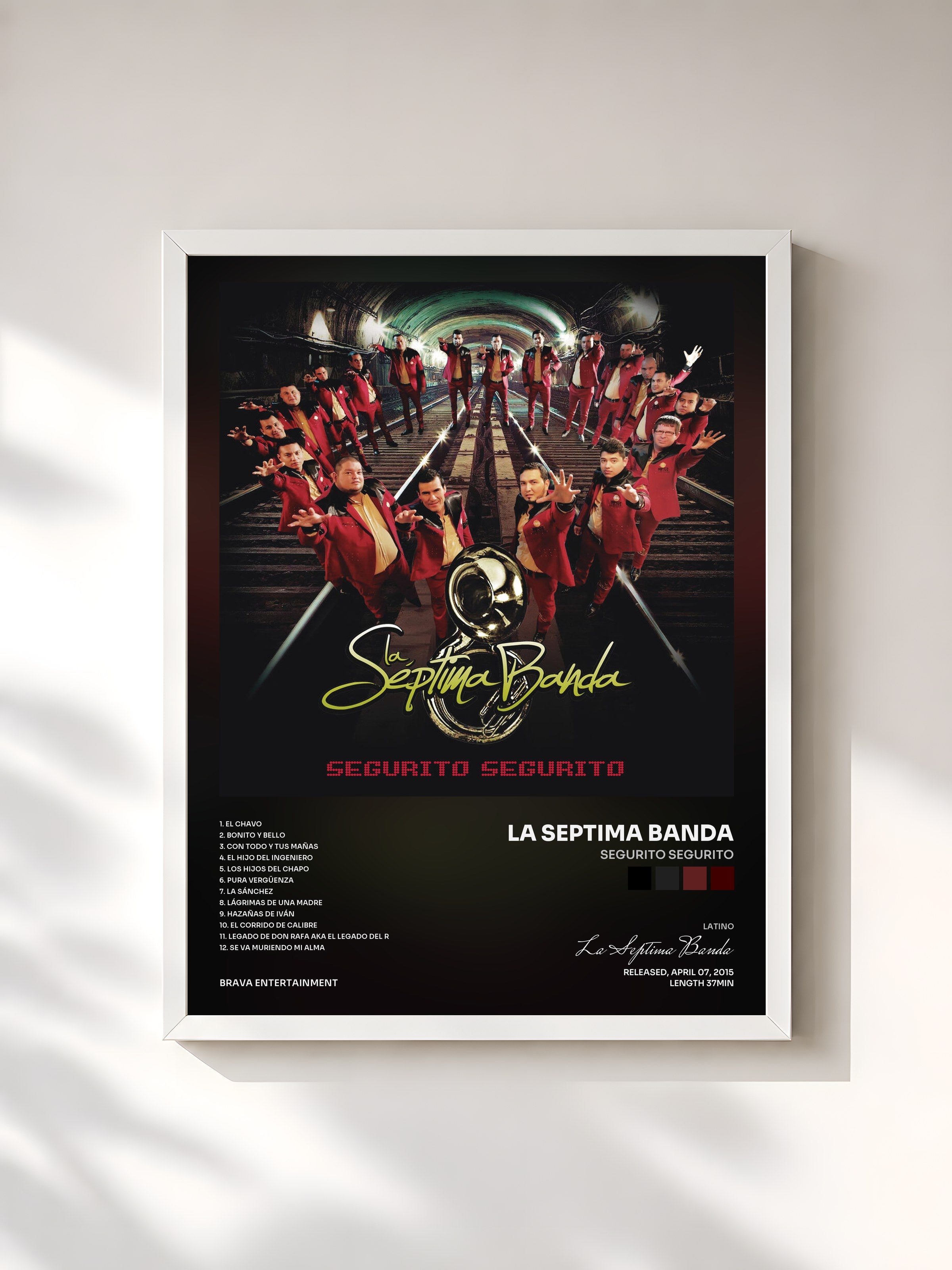 #blanc Tableau de l'album Segurito Segurito de La Septima Banda, cadre blanc, imprimé et encadré en France