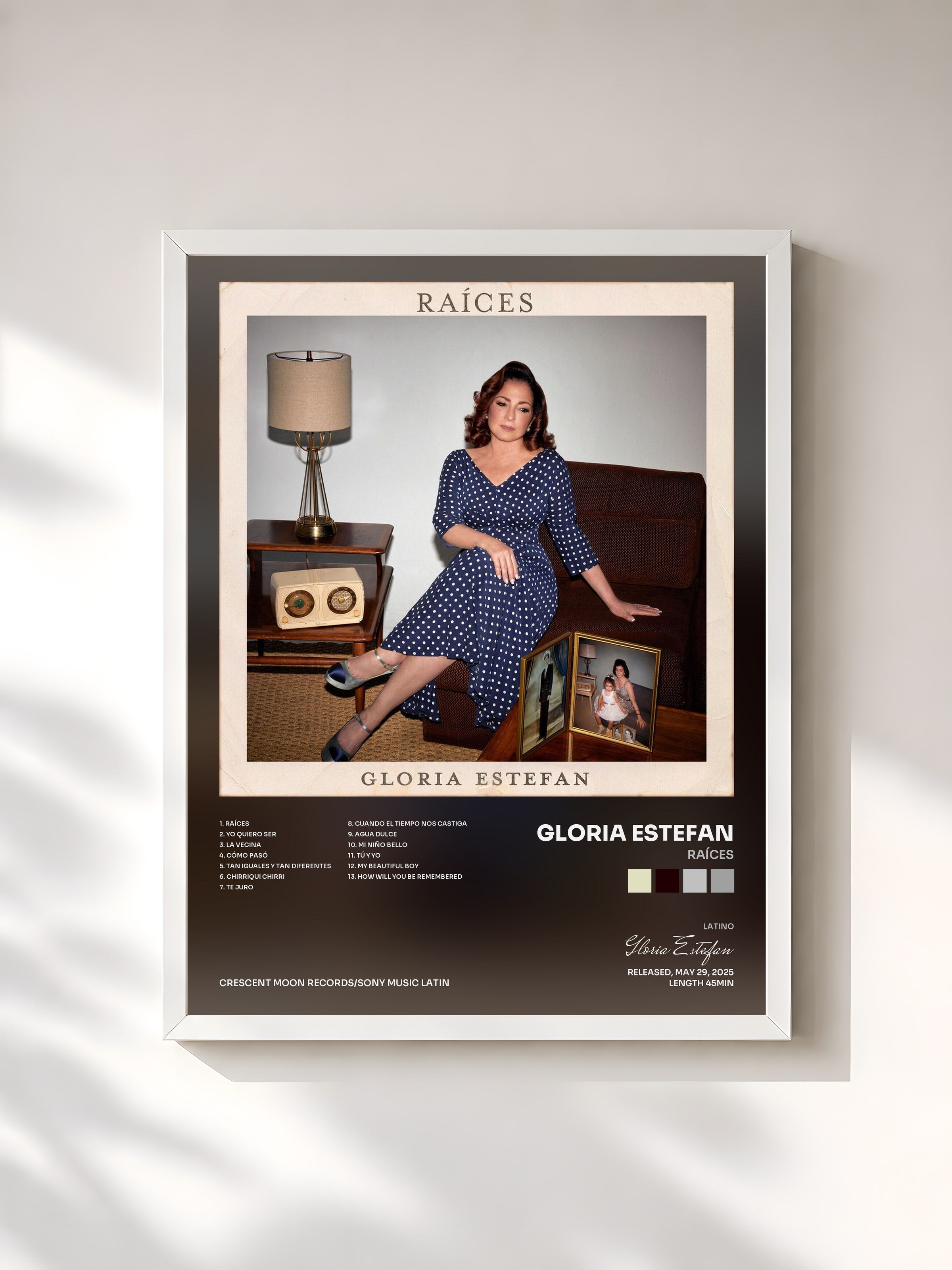 #blanc Tableau de l'album Raíces de Gloria Estefan, cadre blanc, imprimé et encadré en France