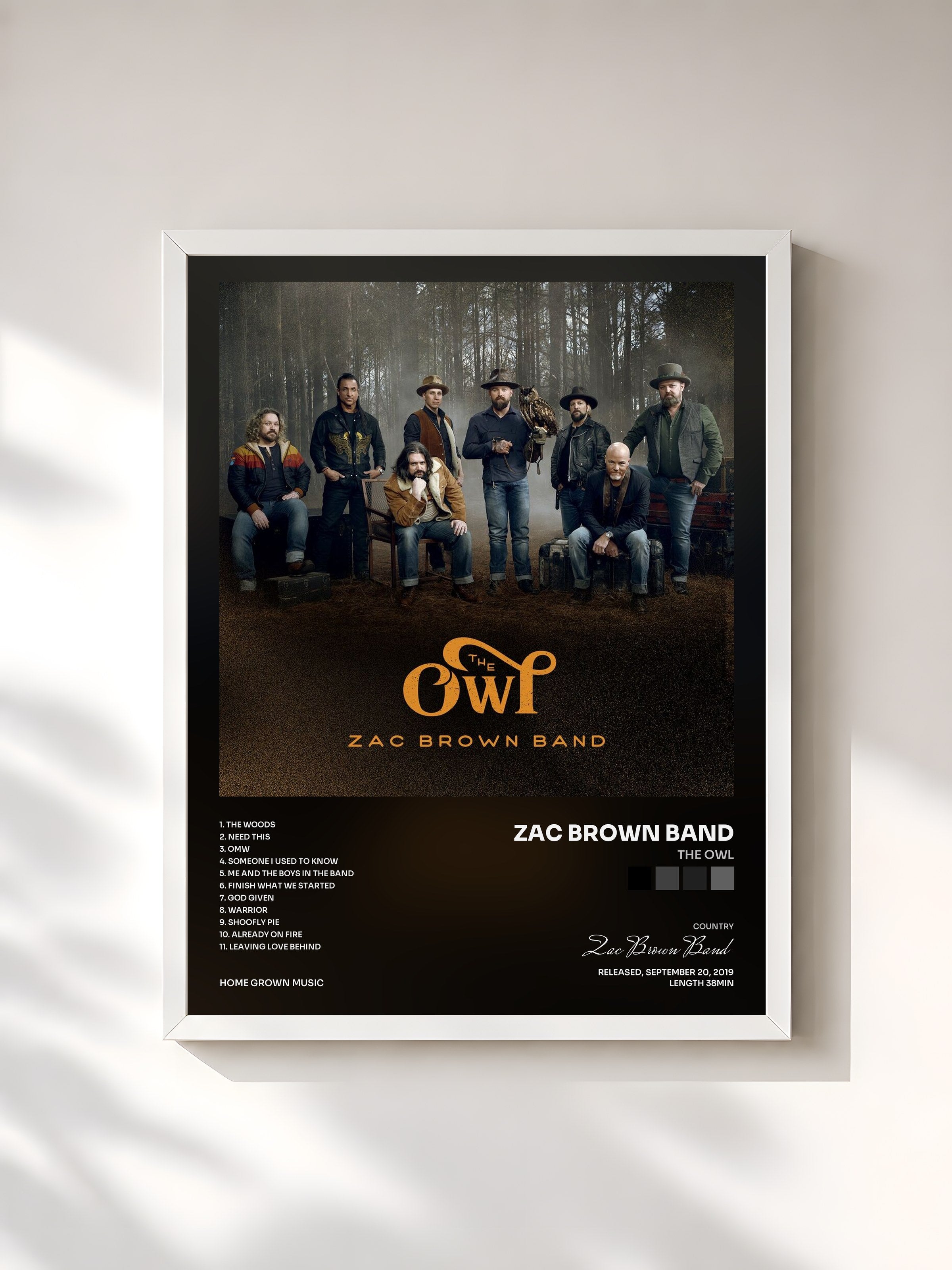 #blanc Tableau de l'album The Owl de Zac Brown Band, cadre blanc, imprimé et encadré en France