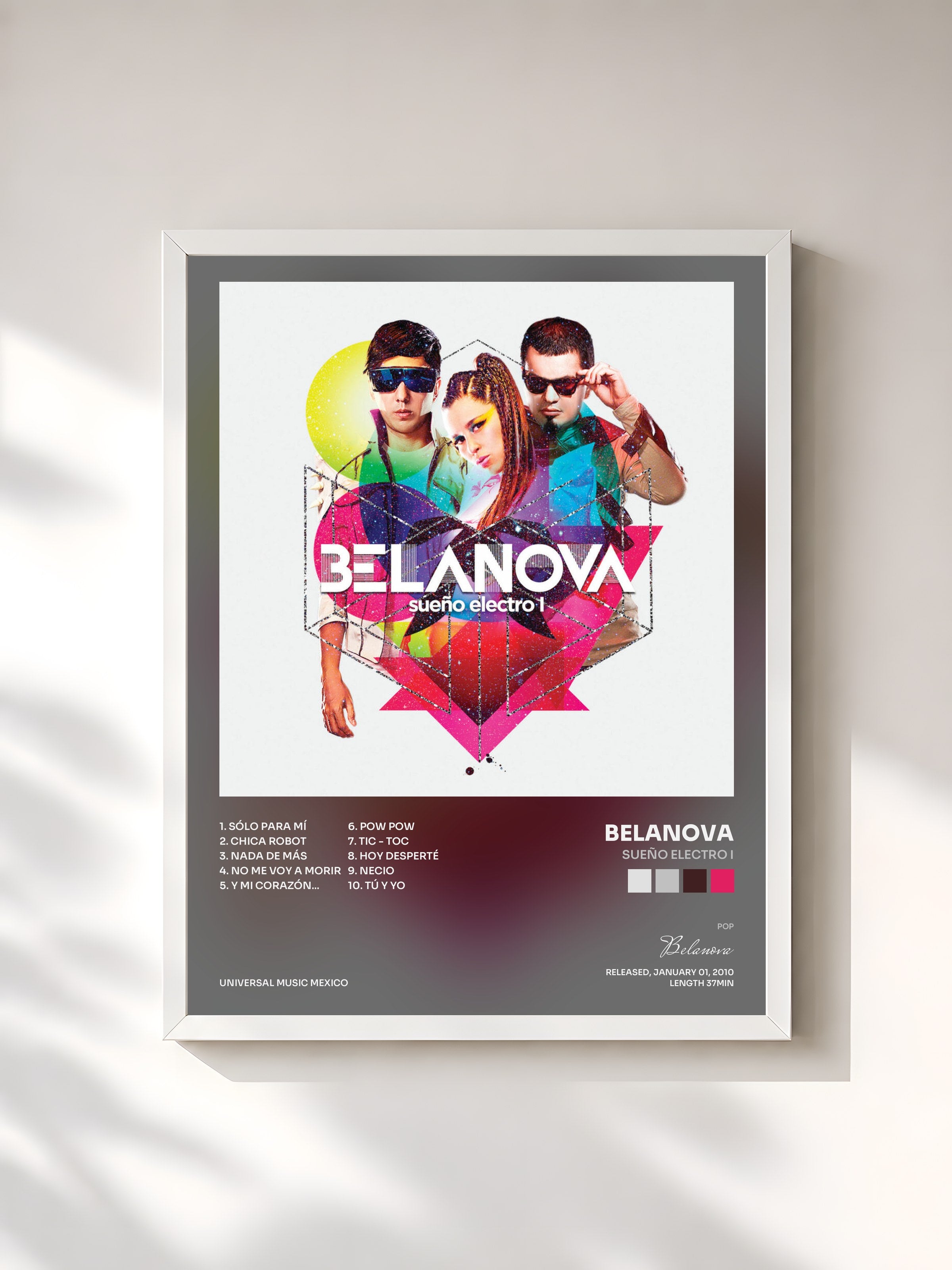 #blanc Tableau de l'album Sueño Electro I de Belanova, cadre blanc, imprimé et encadré en France