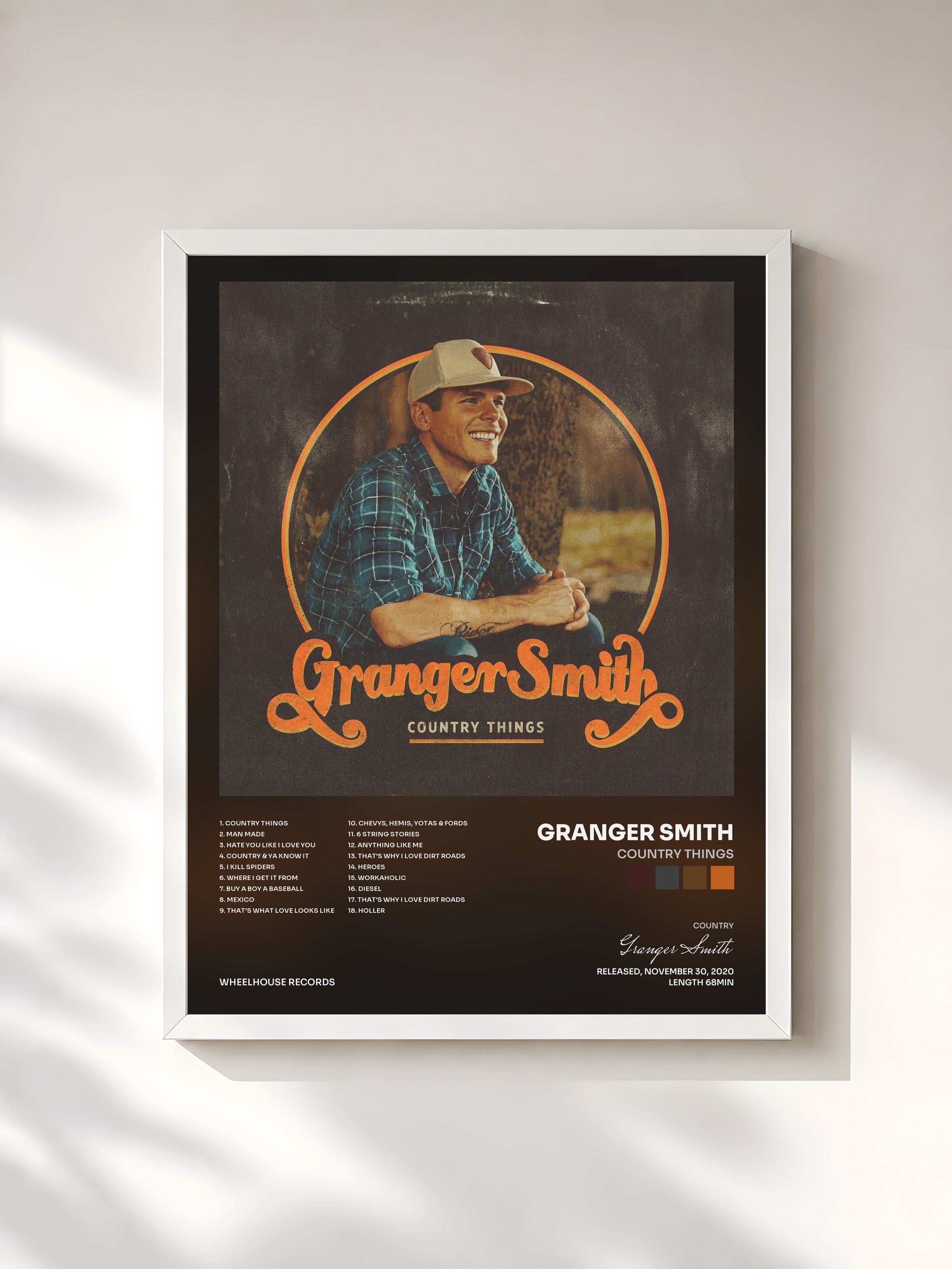 #blanc Tableau de l'album Country Things de Granger Smith, cadre blanc, imprimé et encadré en France