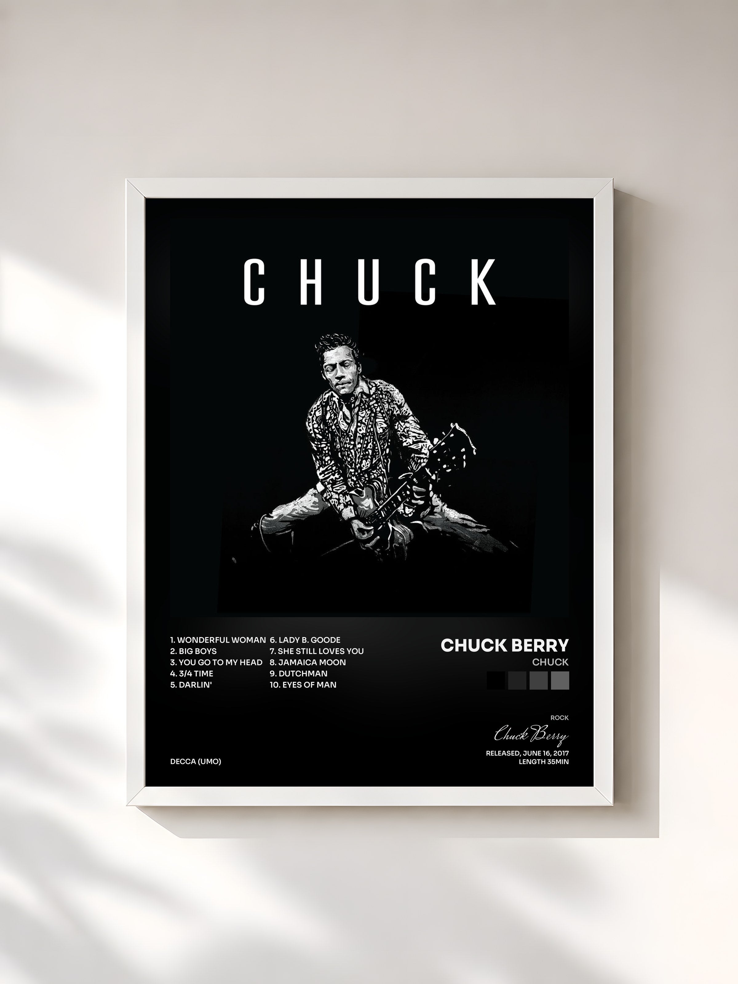 #blanc Tableau de l'album Chuck de Chuck Berry, cadre blanc, imprimé et encadré en France