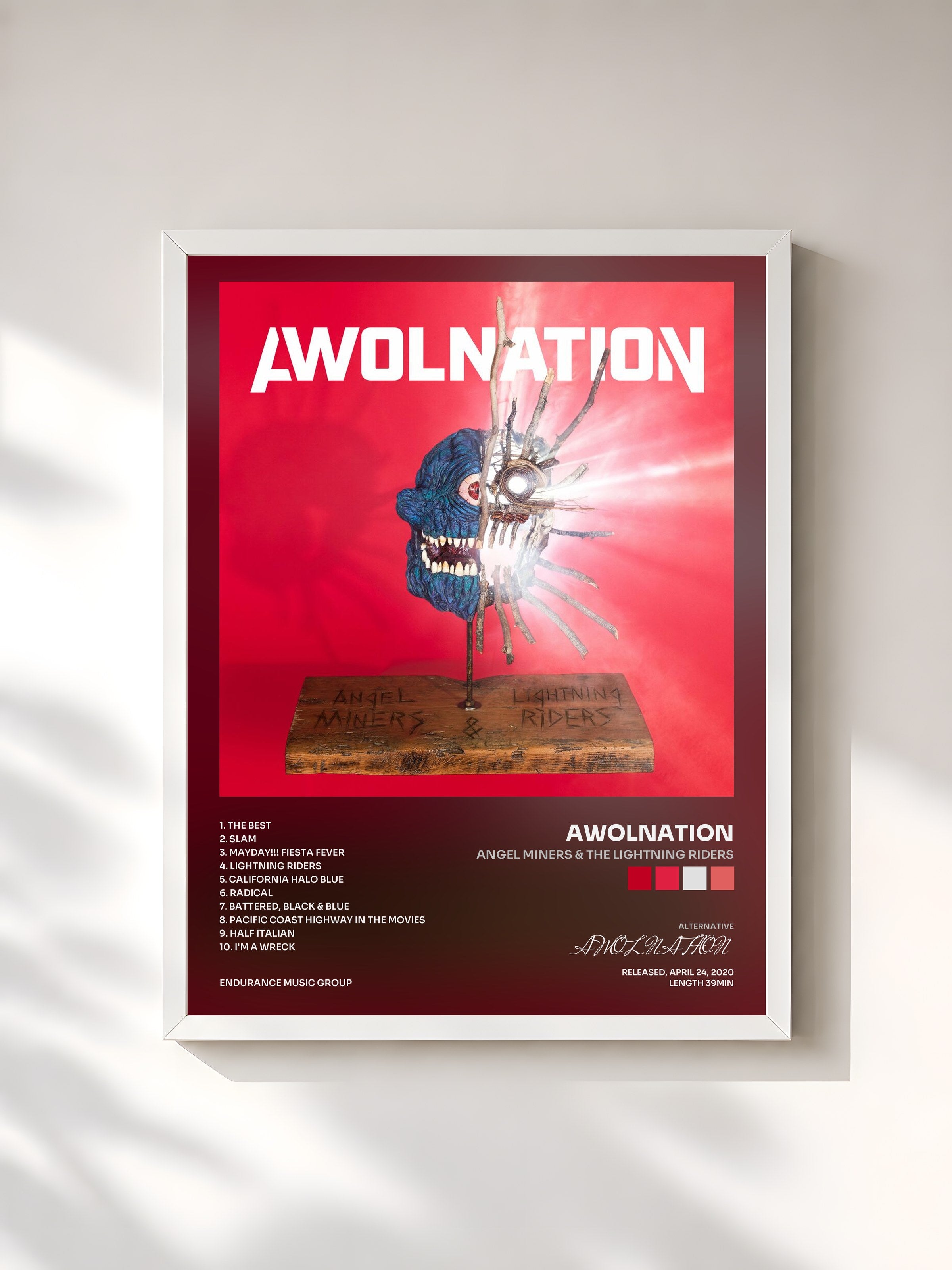 #blanc Tableau de l'album Angel Miners & The Lightning Riders de AWOLNATION, cadre blanc, imprimé et encadré en France