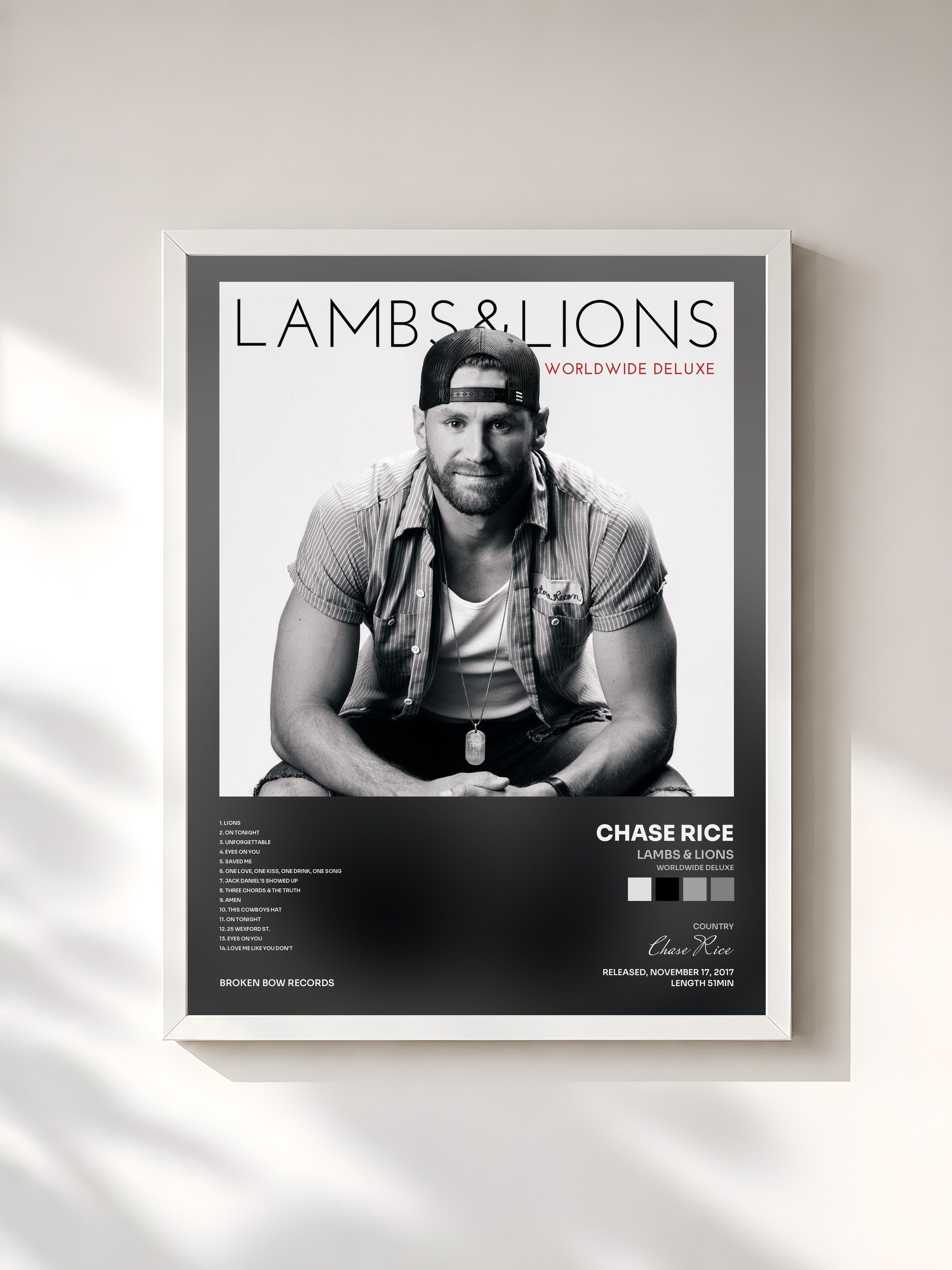 #blanc Tableau de l'album Lambs & Lions (Worldwide Deluxe) de Chase Rice, cadre blanc, imprimé et encadré en France
