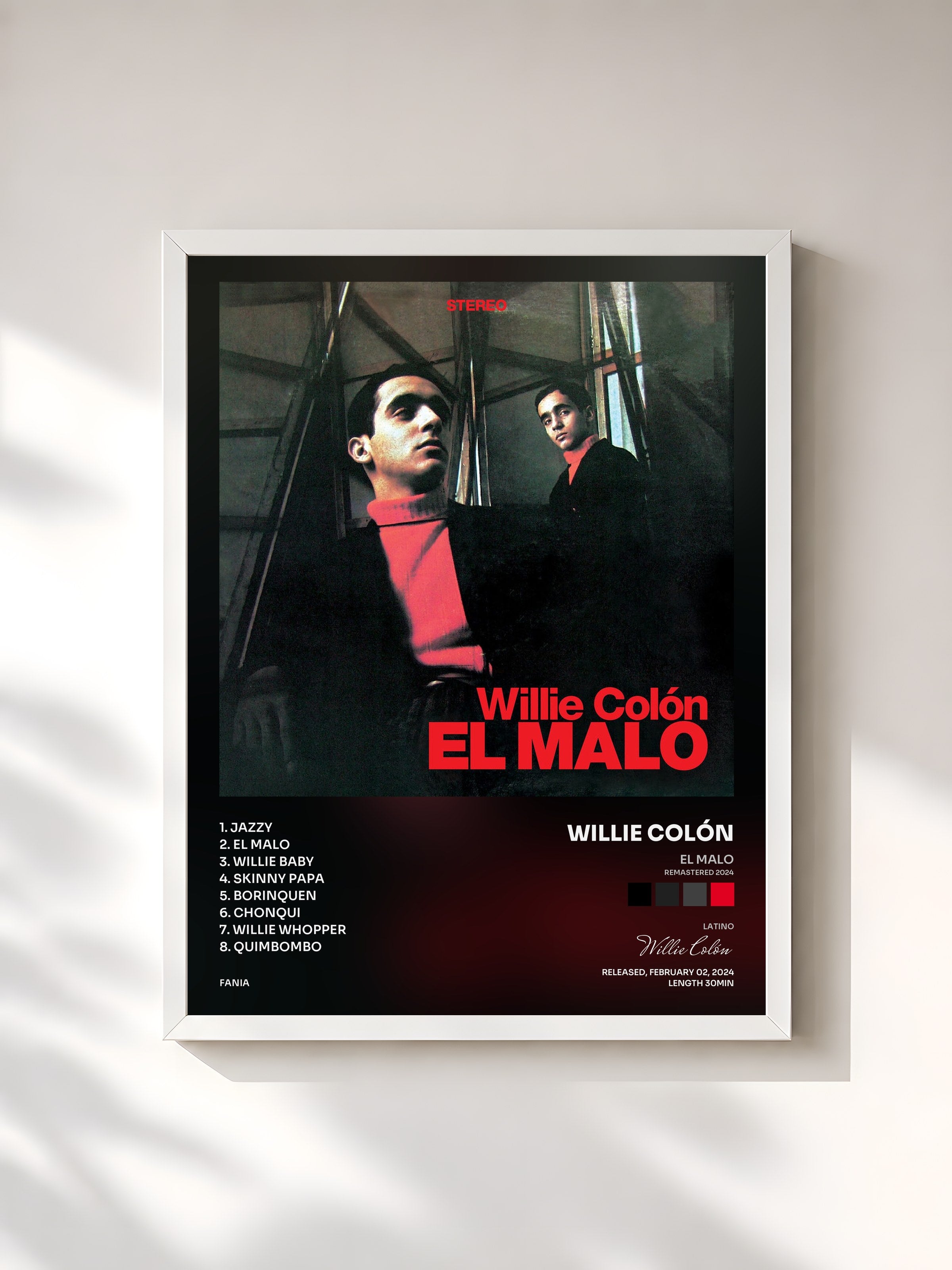 #blanc Tableau de l'album El Malo (Remastered 2024) de Willie Colón, cadre blanc, imprimé et encadré en France