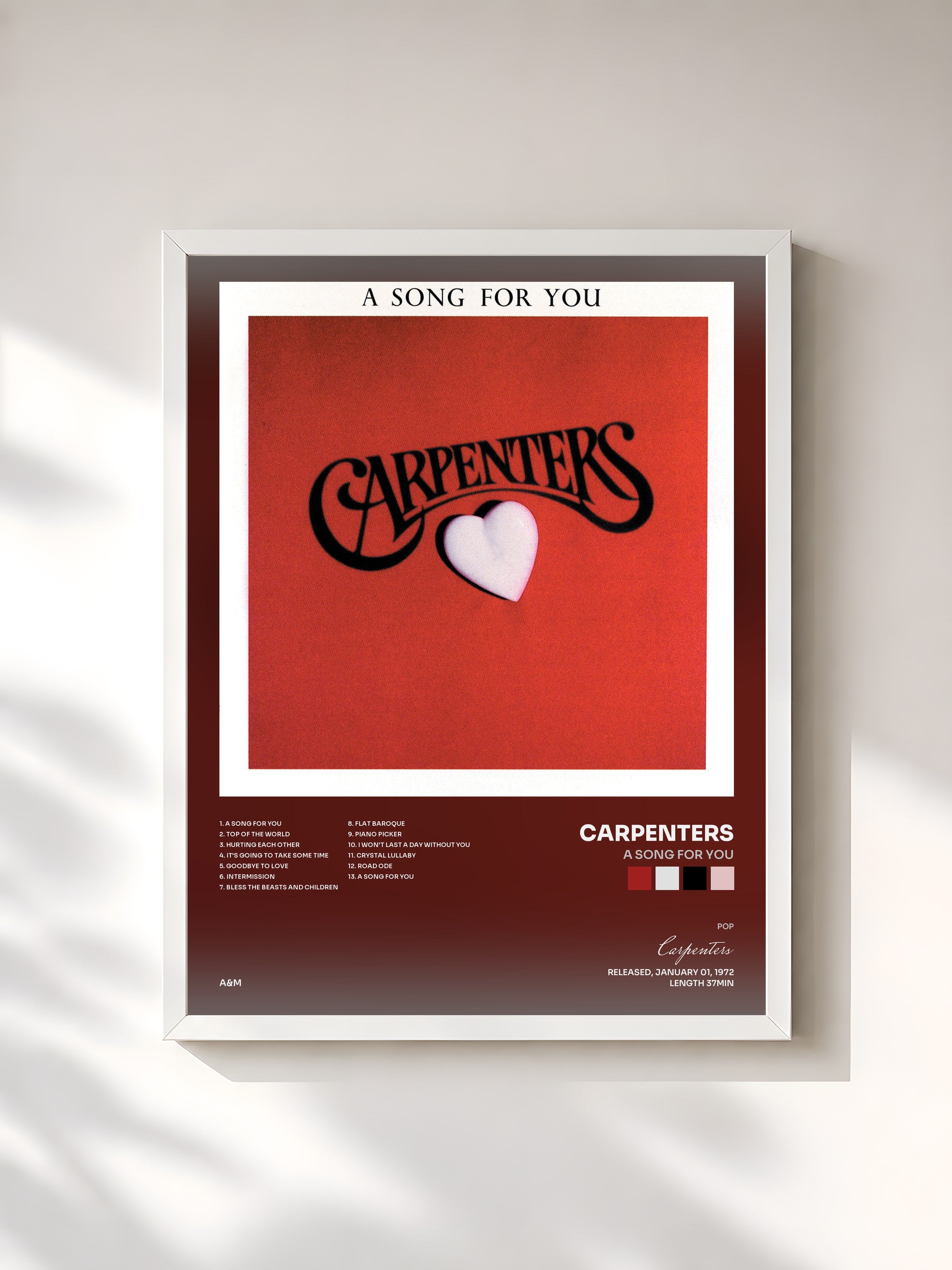 #blanc Tableau de l'album A Song For You de Carpenters, cadre blanc, imprimé et encadré en France