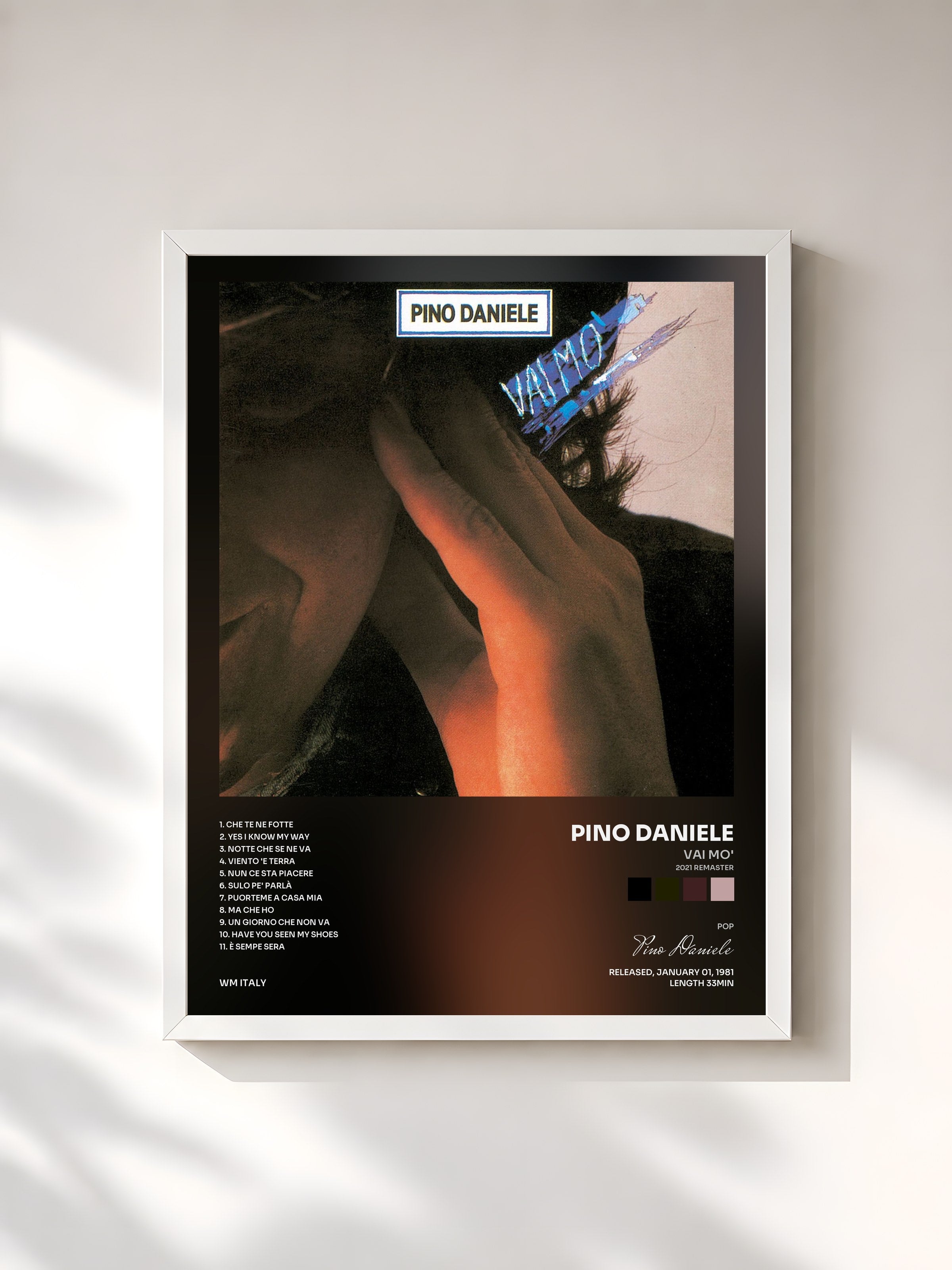 #blanc Tableau de l'album Vai mo' (2021 Remaster) de Pino Daniele, cadre blanc, imprimé et encadré en France