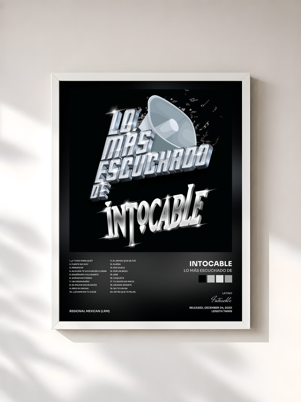 #blanc Lo Más Escuchado De by Intocable as a framed art print, white frame, printed and framed in France