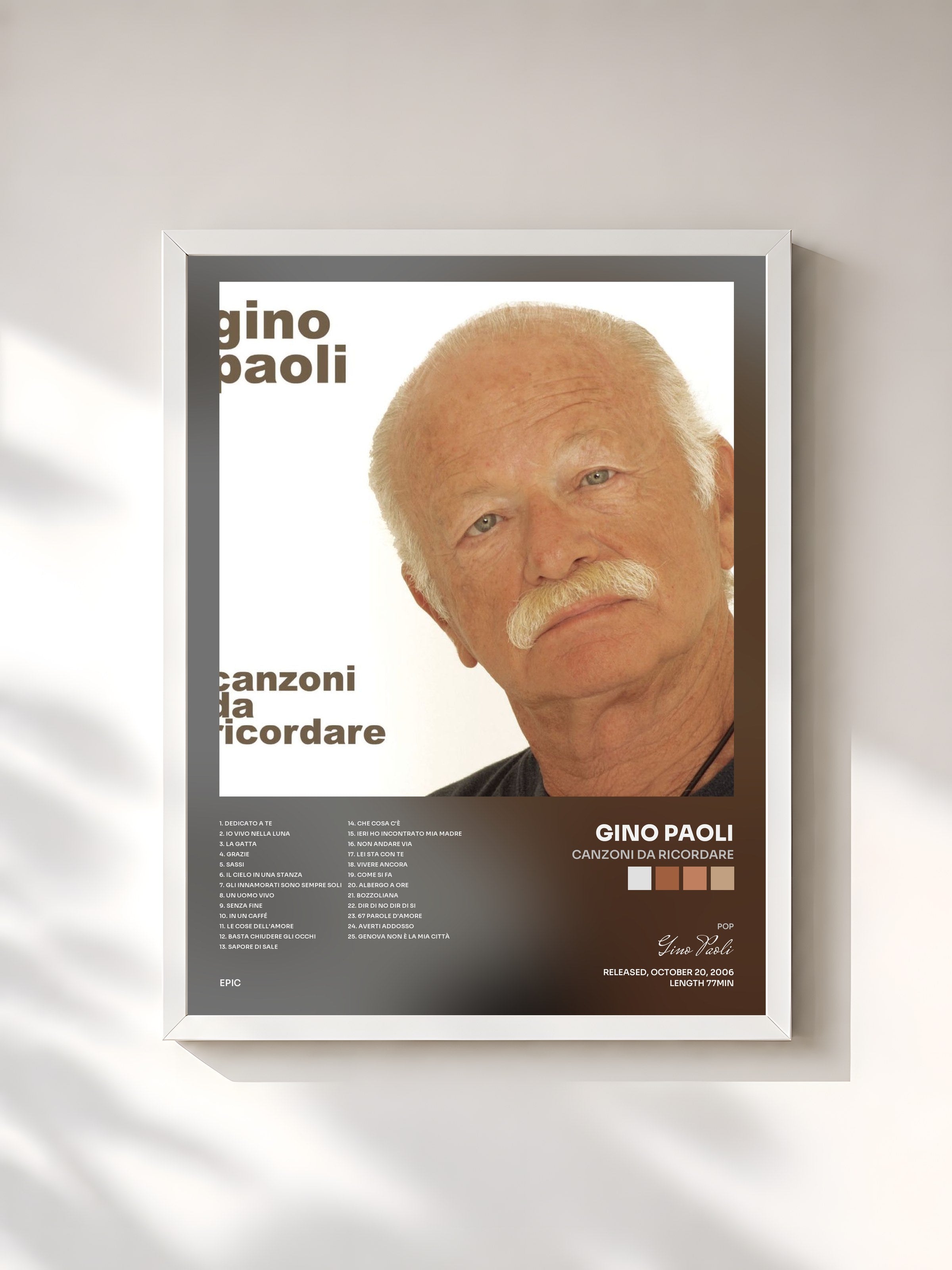 #blanc Tableau de l'album Canzoni da Ricordare de Gino Paoli, cadre blanc, imprimé et encadré en France
