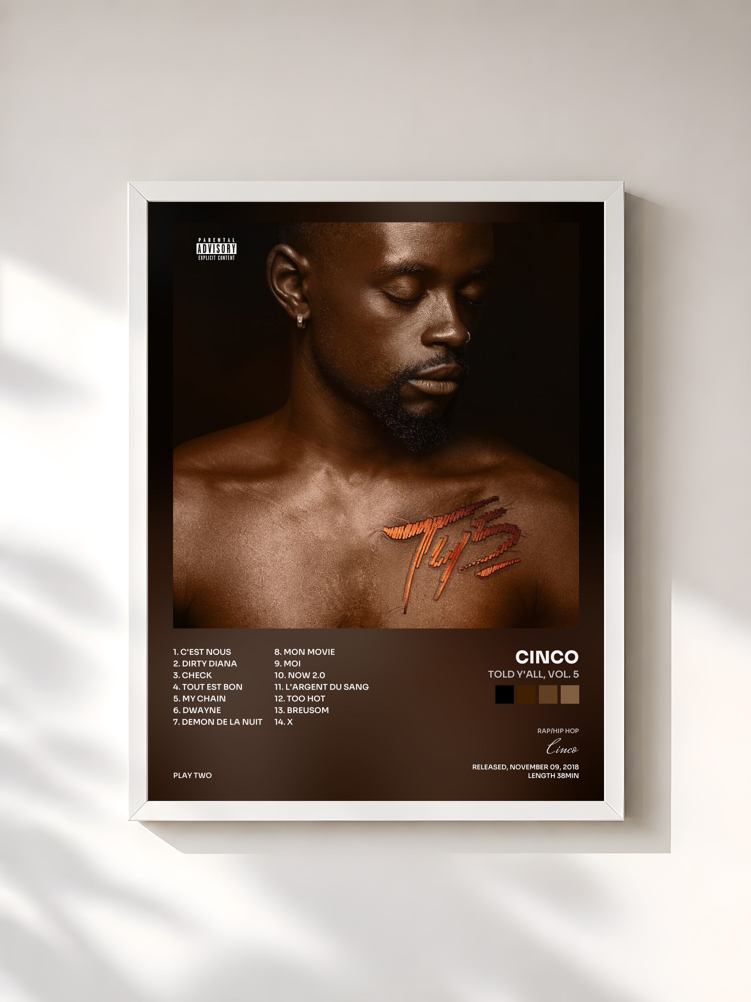 #blanc Tableau de l'album Told Y'all, Vol. 5 de Cinco, cadre blanc, imprimé et encadré en France