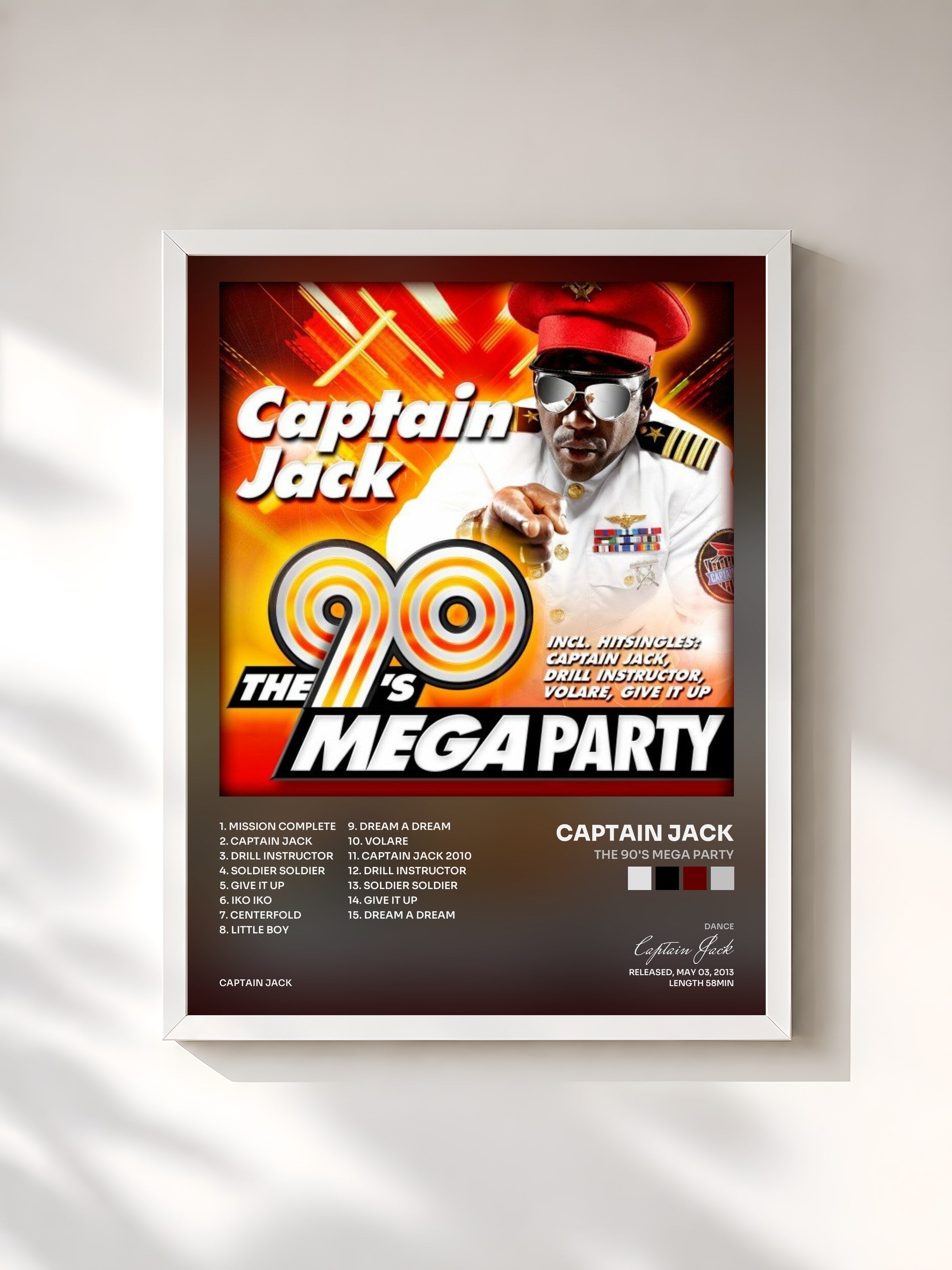 #blanc Tableau de l'album The 90's Mega Party de Captain Jack, cadre blanc, imprimé et encadré en France