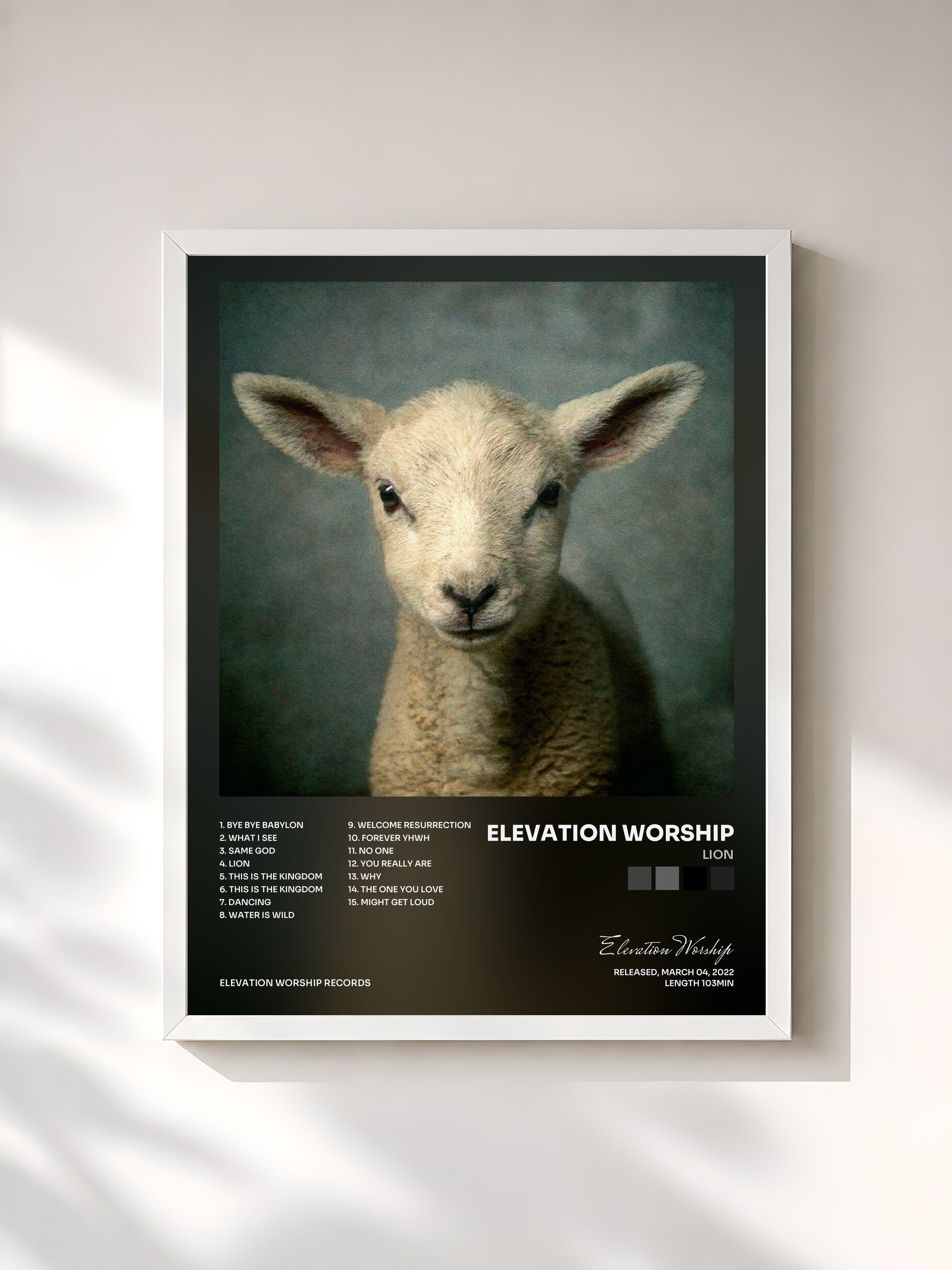#blanc Tableau de l'album LION de Elevation Worship, cadre blanc, imprimé et encadré en France
