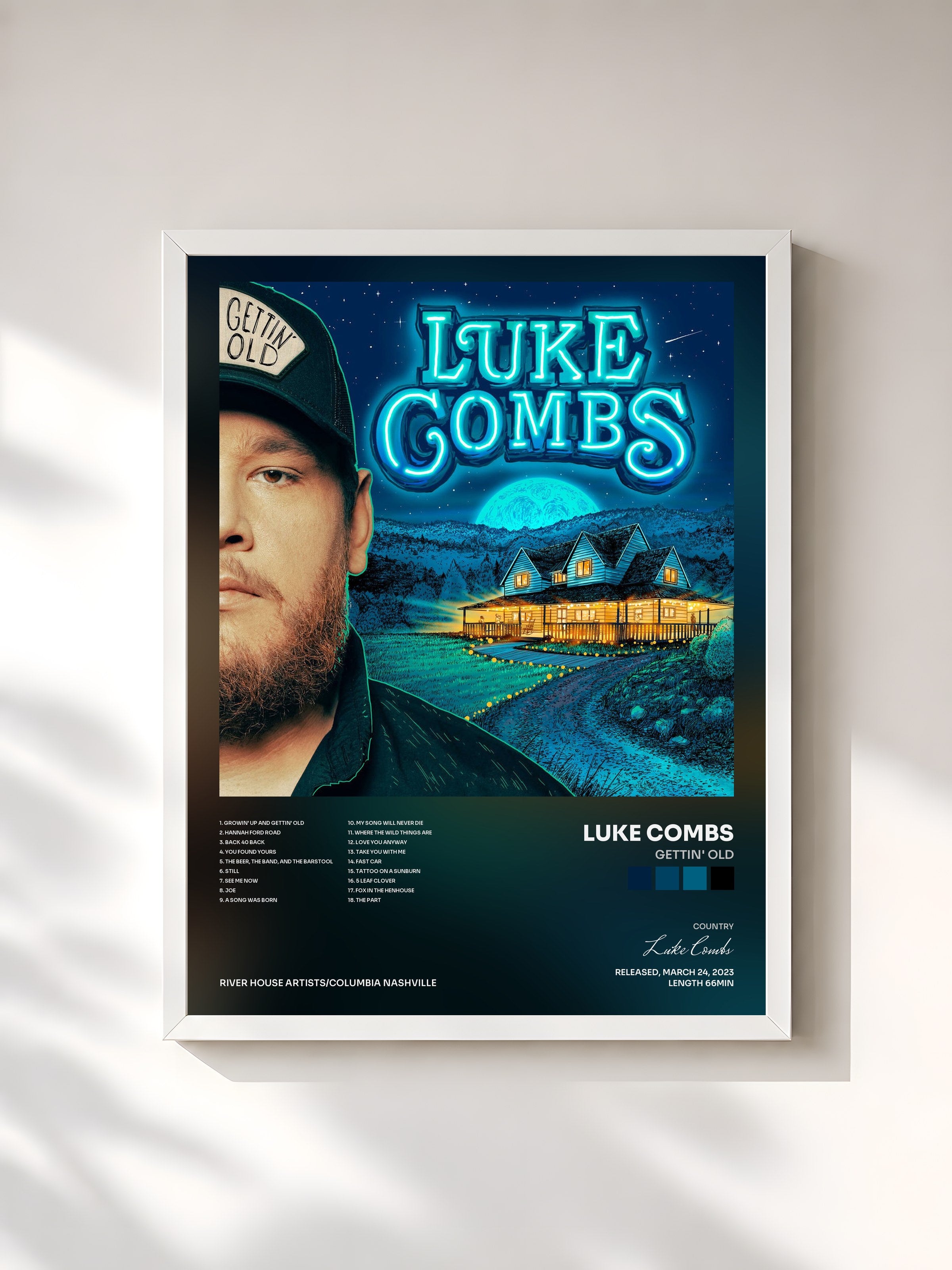 #blanc Tableau de l'album Gettin' Old de Luke Combs, cadre blanc, imprimé et encadré en France