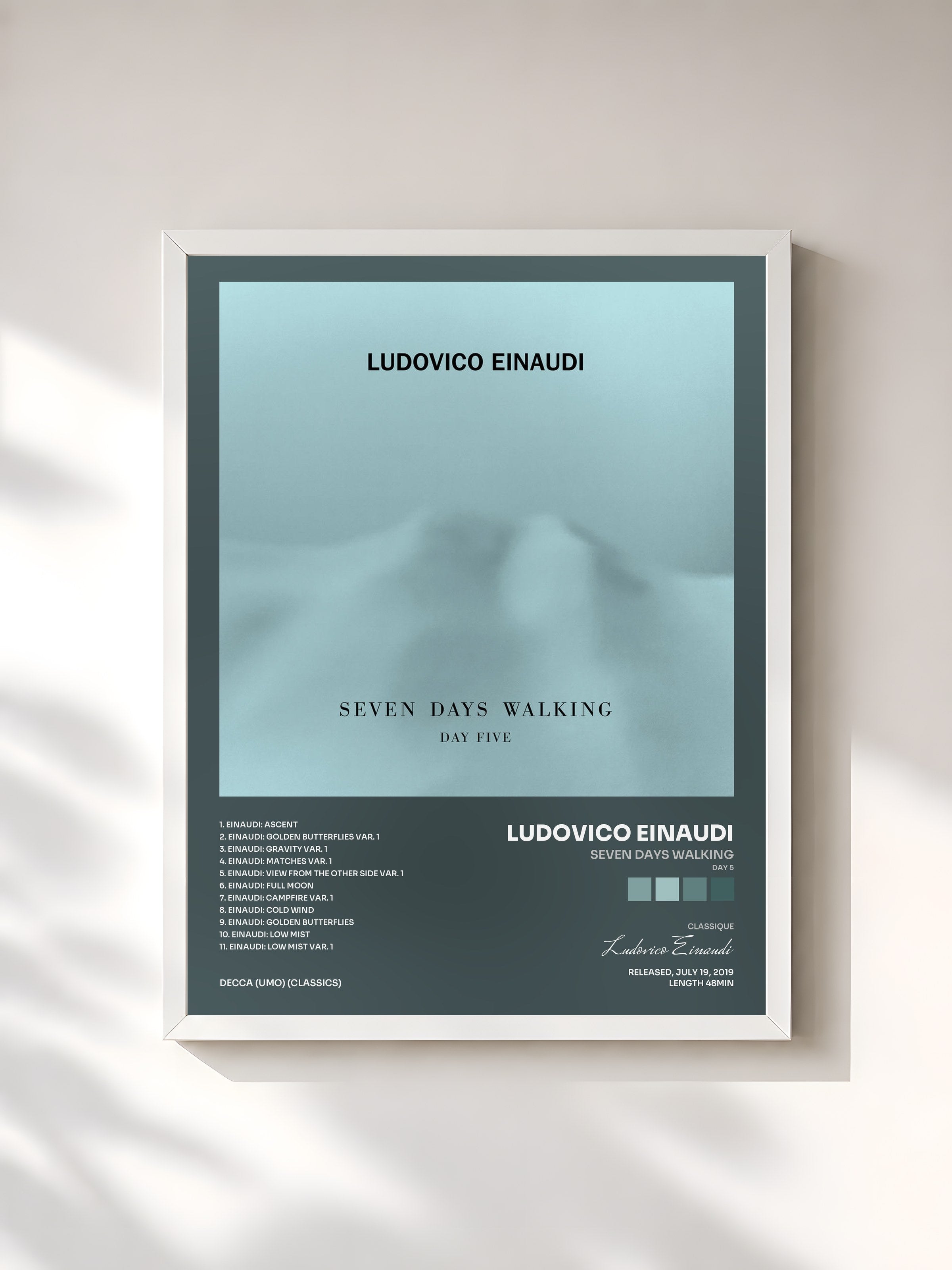 #blanc Tableau de l'album Seven Days Walking (Day 5) de Ludovico Einaudi, cadre blanc, imprimé et encadré en France