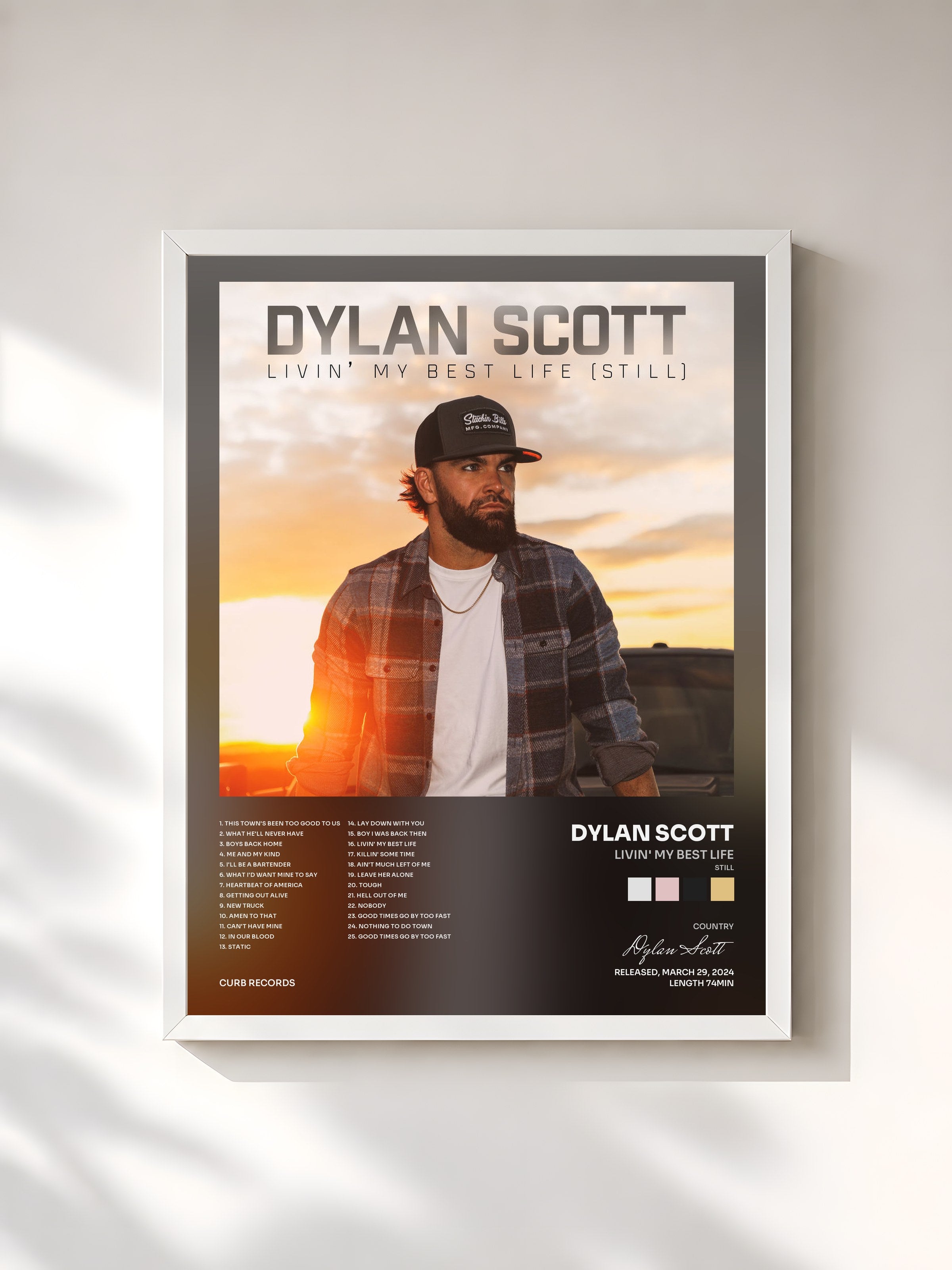 #blanc Tableau de l'album Livin' My Best Life (Still) de Dylan Scott, cadre blanc, imprimé et encadré en France