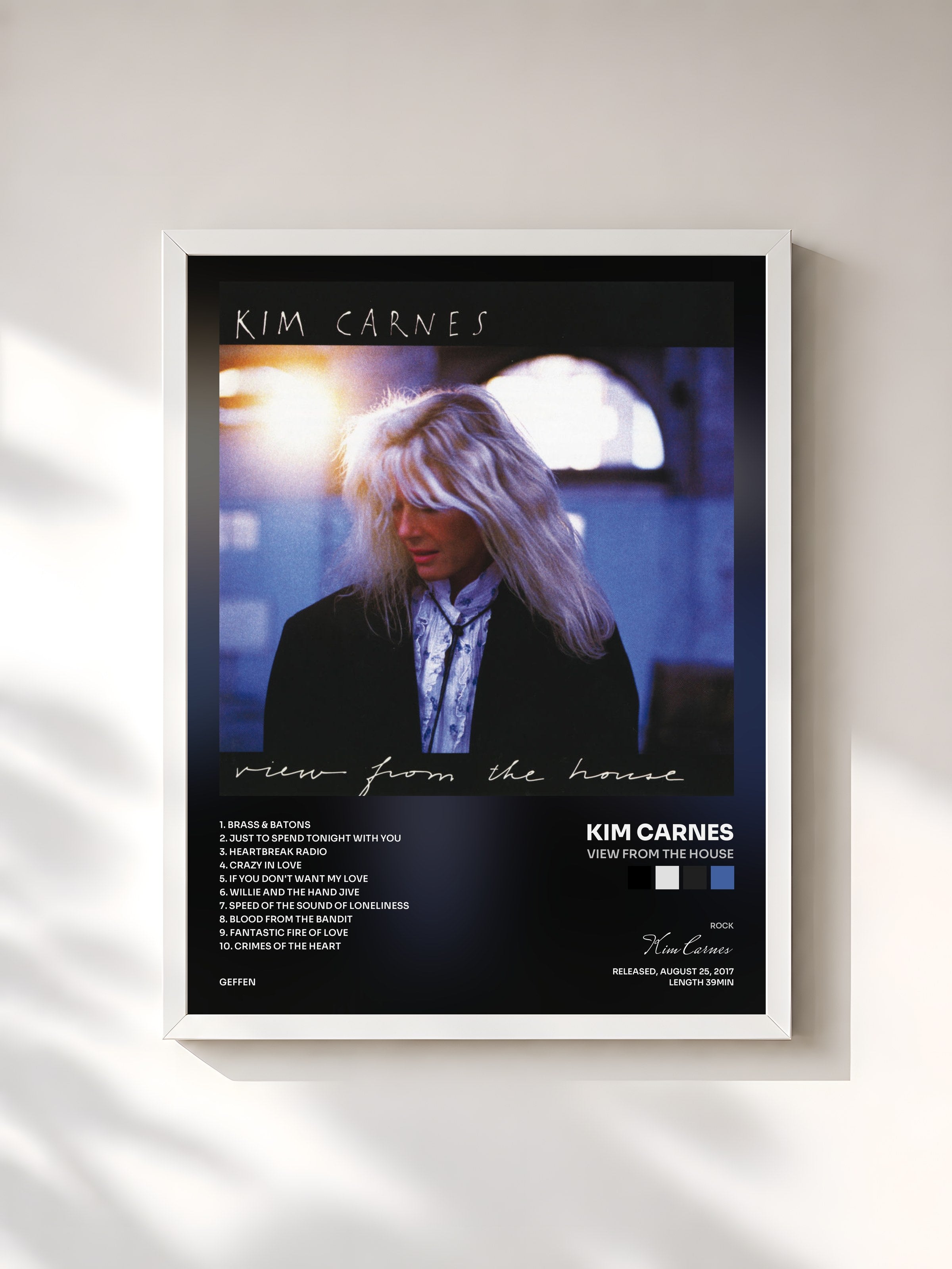 #blanc Tableau de l'album View From The House de Kim Carnes, cadre blanc, imprimé et encadré en France