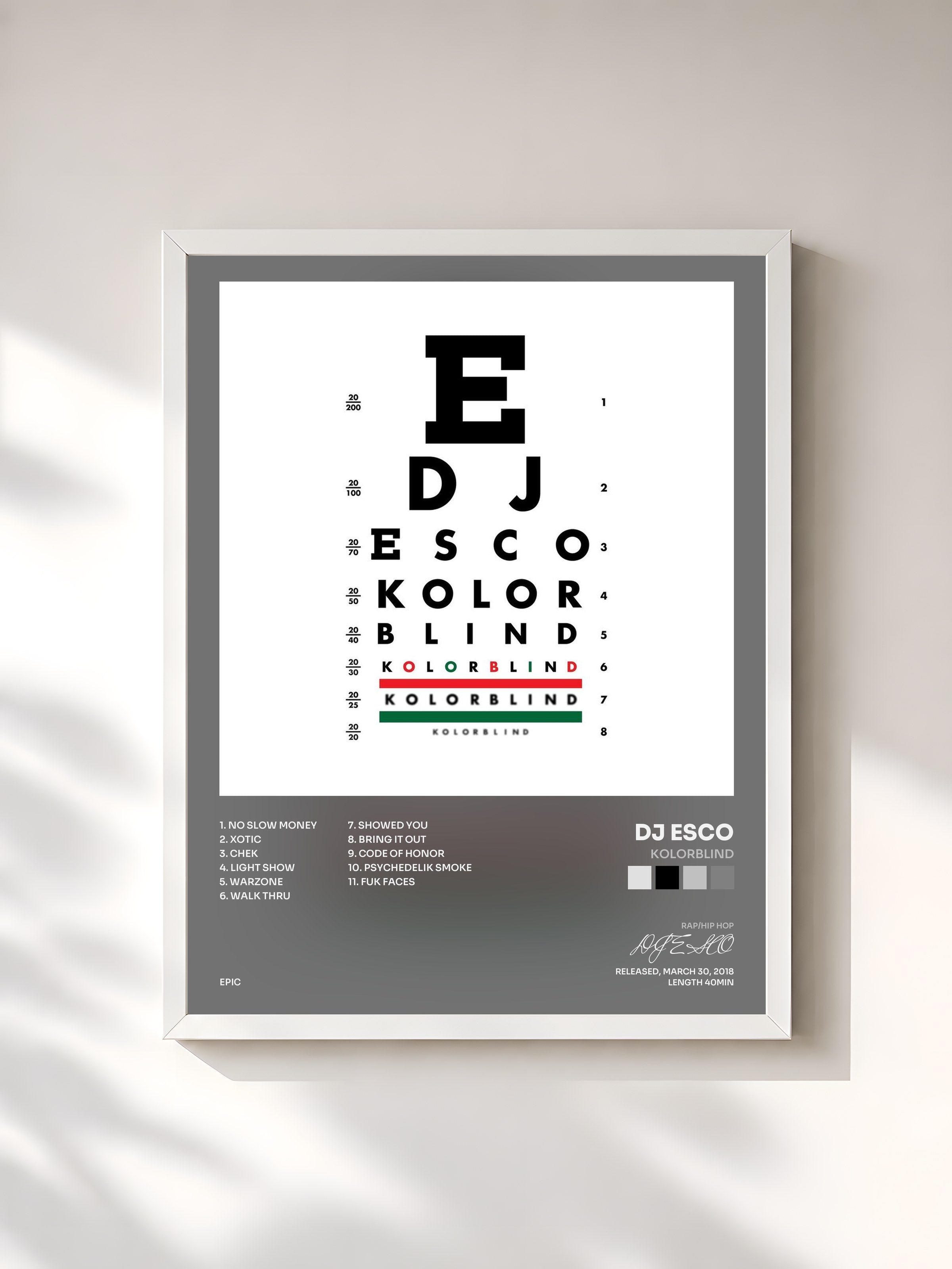 #blanc Tableau de l'album KOLORBLIND de DJ ESCO, cadre blanc, imprimé et encadré en France