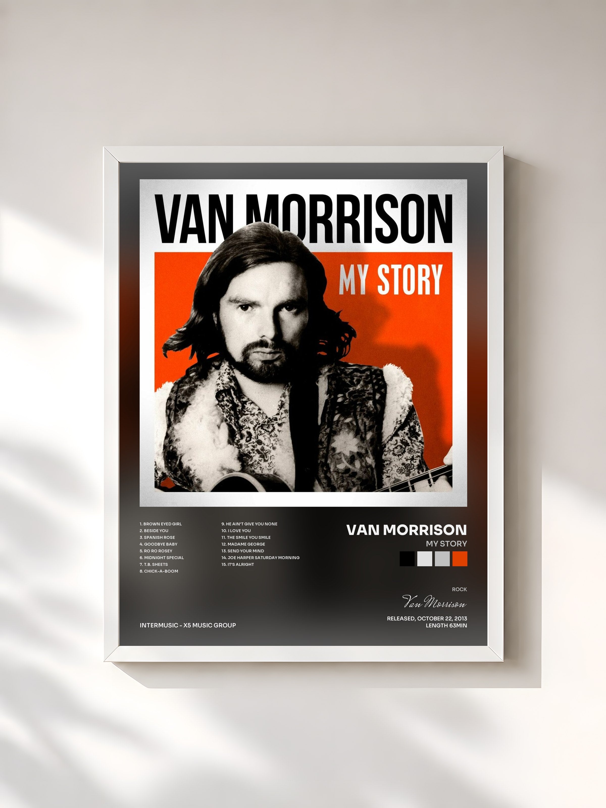 #blanc Tableau de l'album My Story de Van Morrison, cadre blanc, imprimé et encadré en France