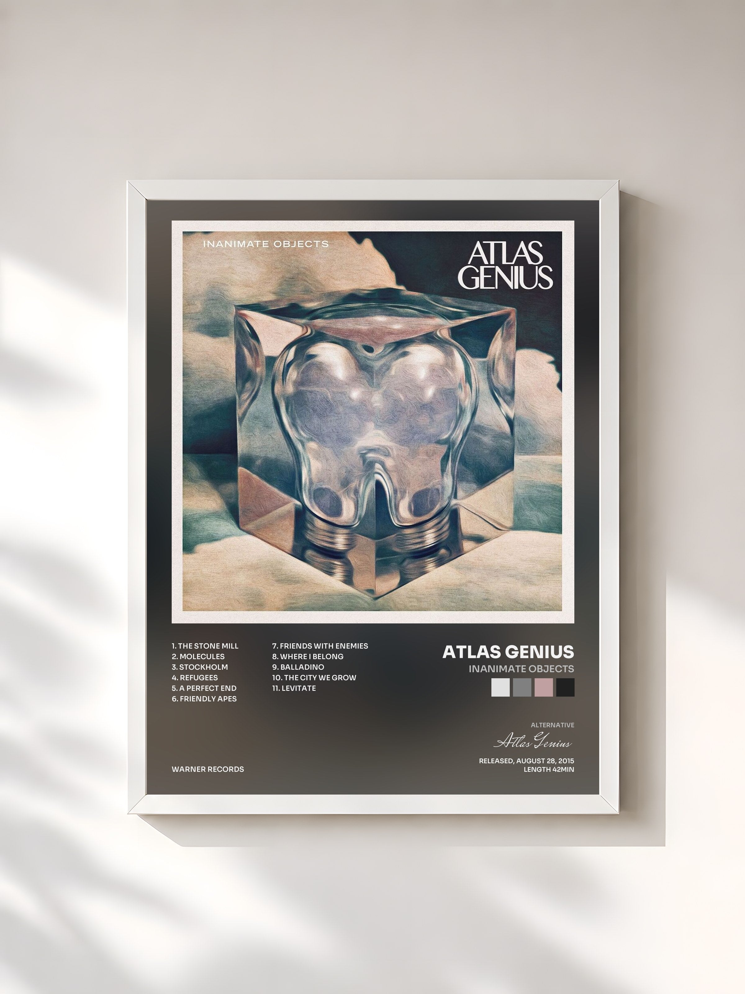 #blanc Tableau de l'album Inanimate Objects de Atlas Genius, cadre blanc, imprimé et encadré en France