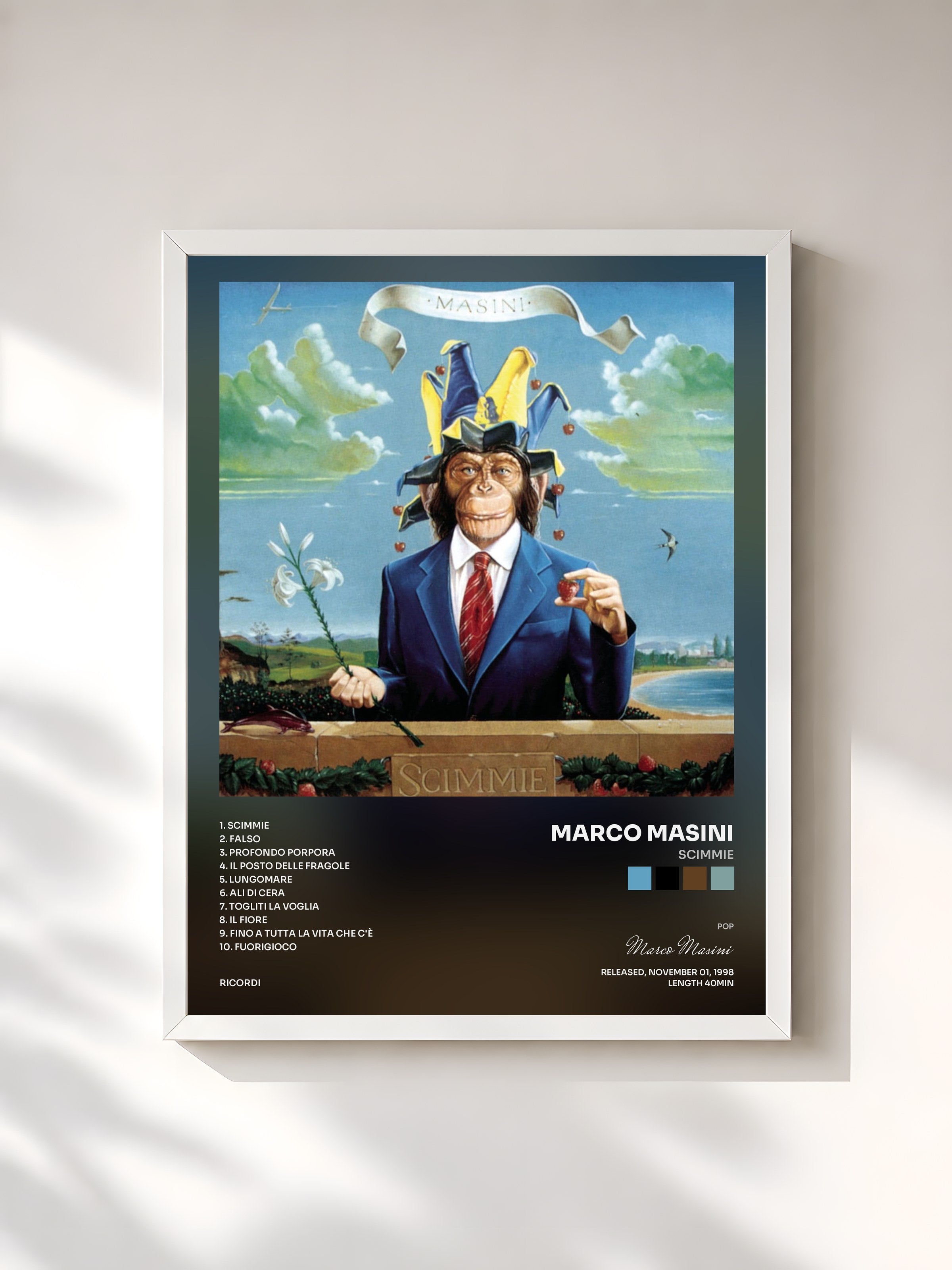 #blanc Tableau de l'album Scimmie de Marco Masini, cadre blanc, imprimé et encadré en France