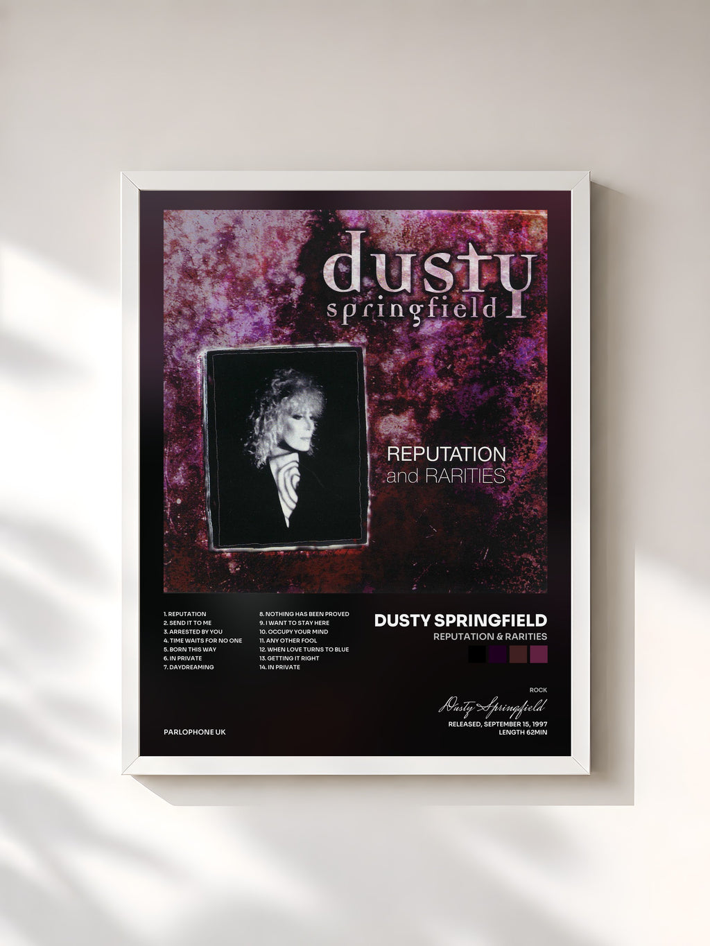 #blanc Tableau de l'album Reputation & Rarities de Dusty Springfield, cadre blanc, imprimé et encadré en France
