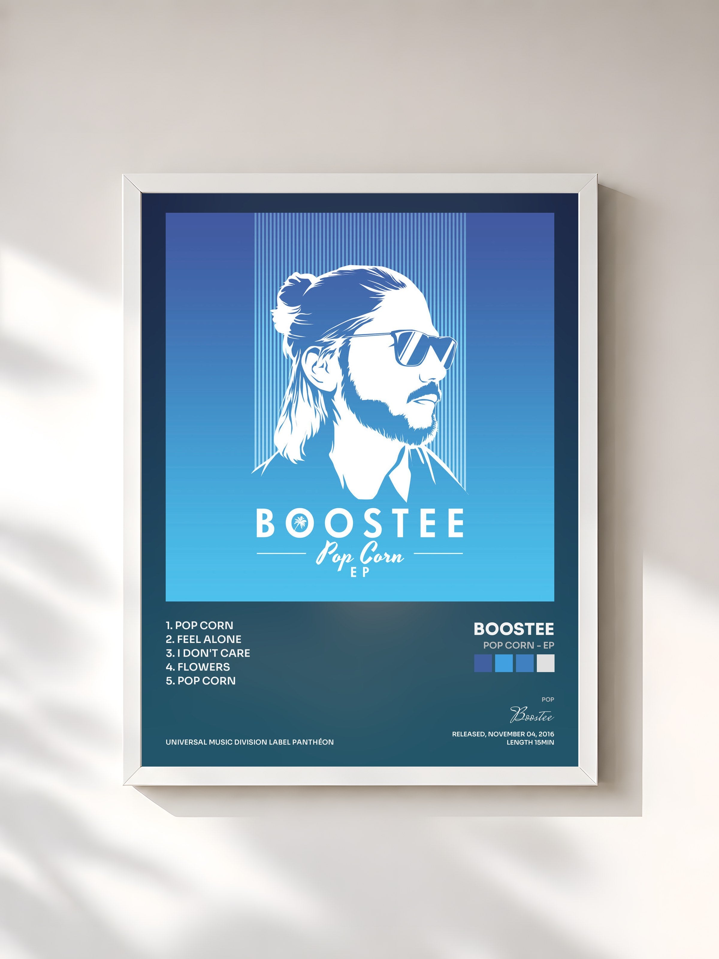 #blanc Tableau de l'album Pop Corn - EP de Boostee, cadre blanc, imprimé et encadré en France