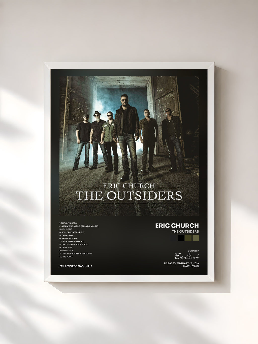 #blanc Tableau de l'album The Outsiders de Eric Church, cadre blanc, imprimé et encadré en France