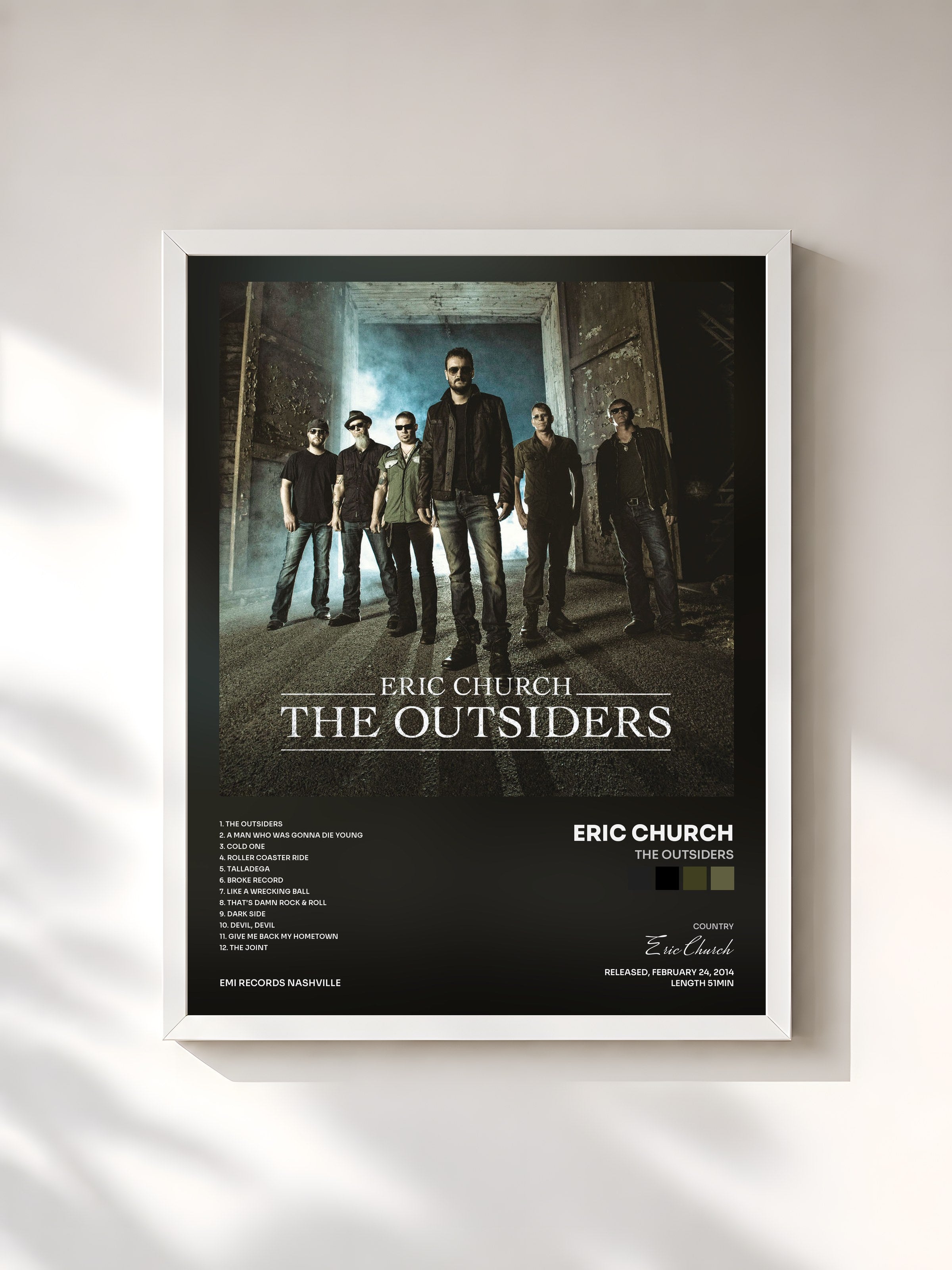 #blanc Tableau de l'album The Outsiders de Eric Church, cadre blanc, imprimé et encadré en France