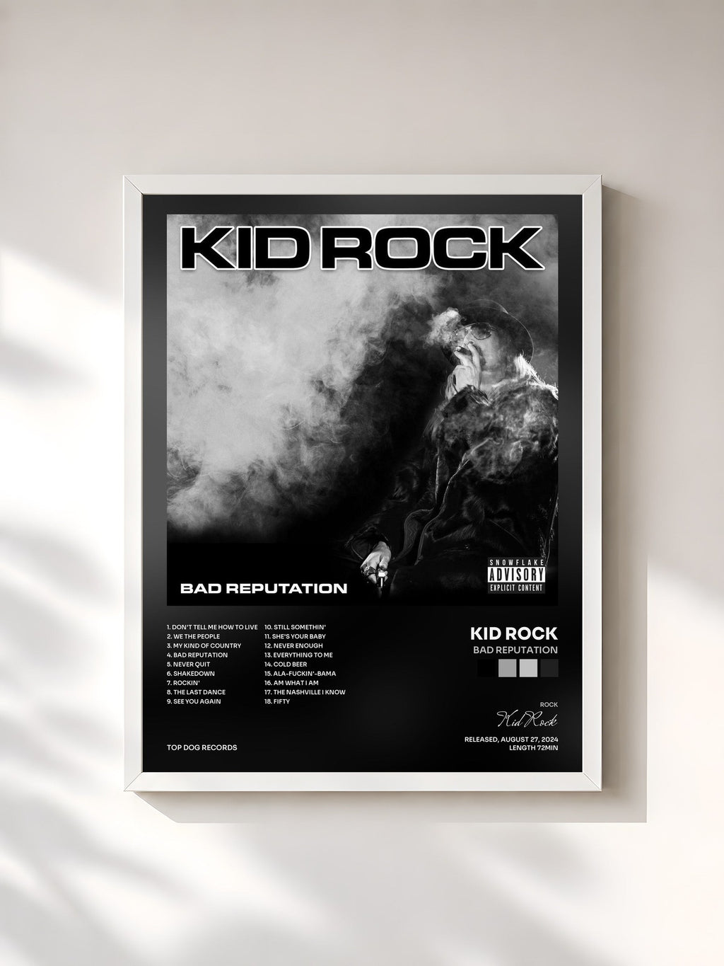 #blanc Tableau de l'album Bad Reputation de Kid Rock, cadre blanc, imprimé et encadré en France