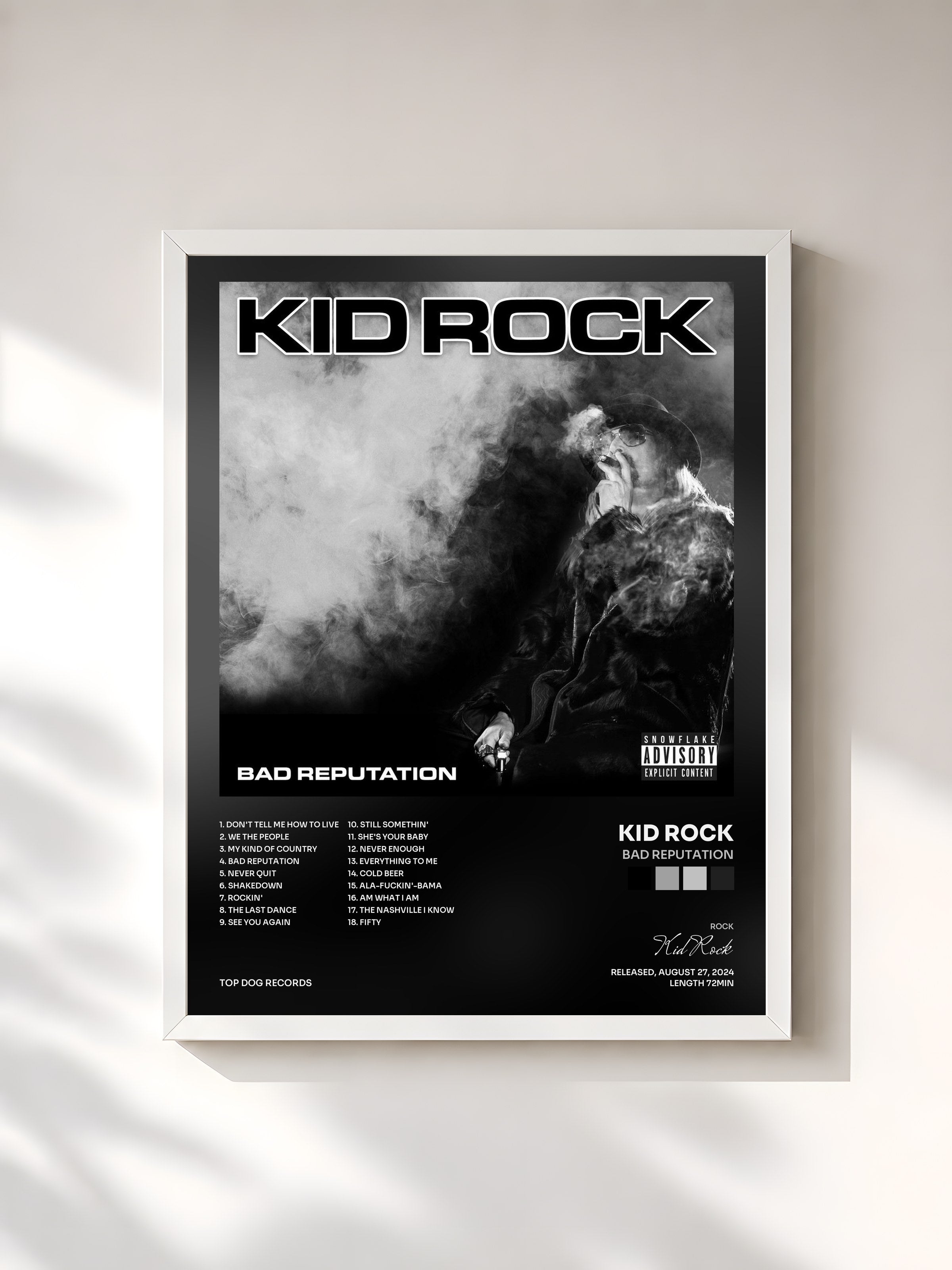 #blanc Tableau de l'album Bad Reputation de Kid Rock, cadre blanc, imprimé et encadré en France