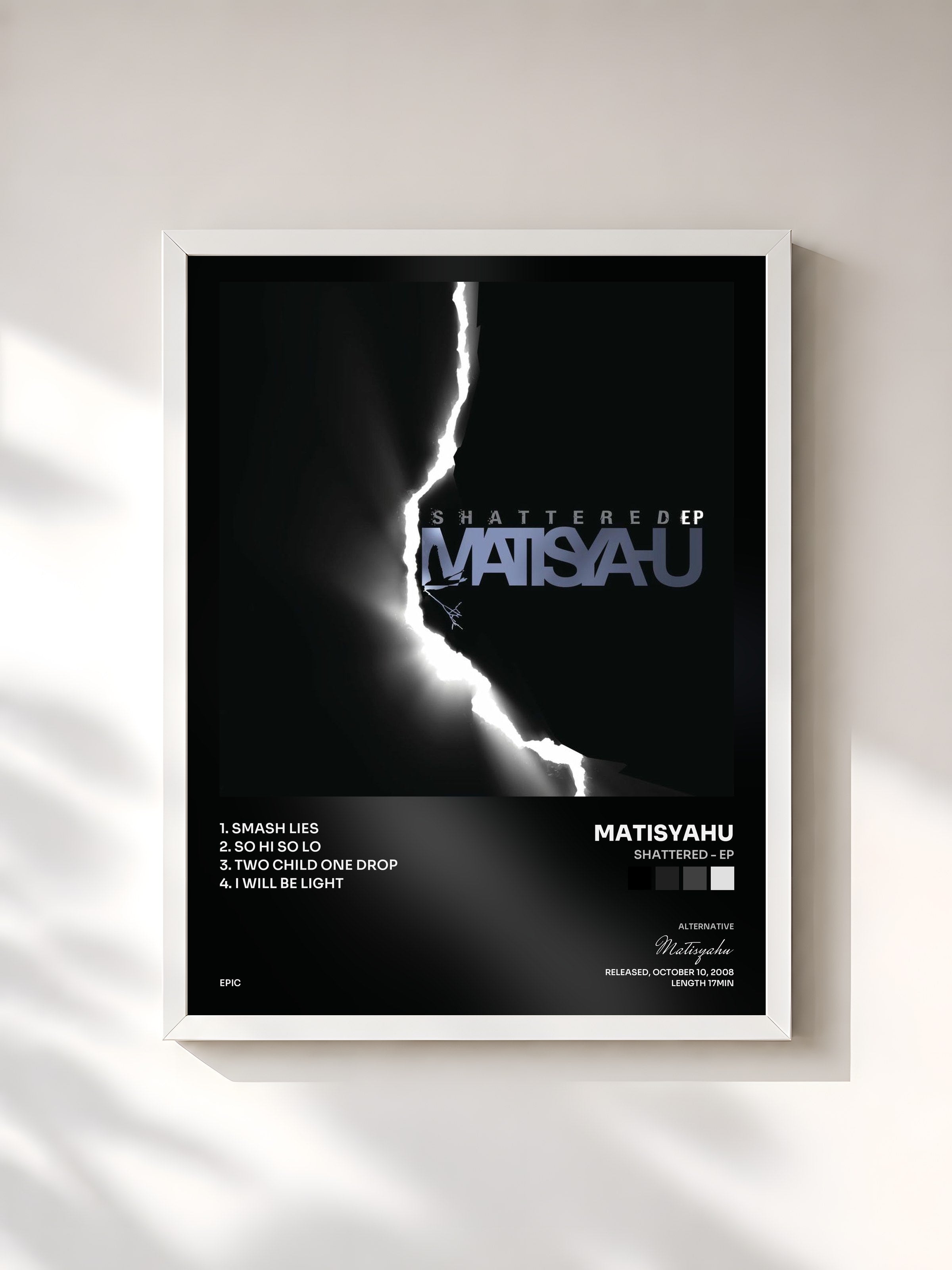 #blanc Tableau de l'album Shattered - EP de Matisyahu, cadre blanc, imprimé et encadré en France