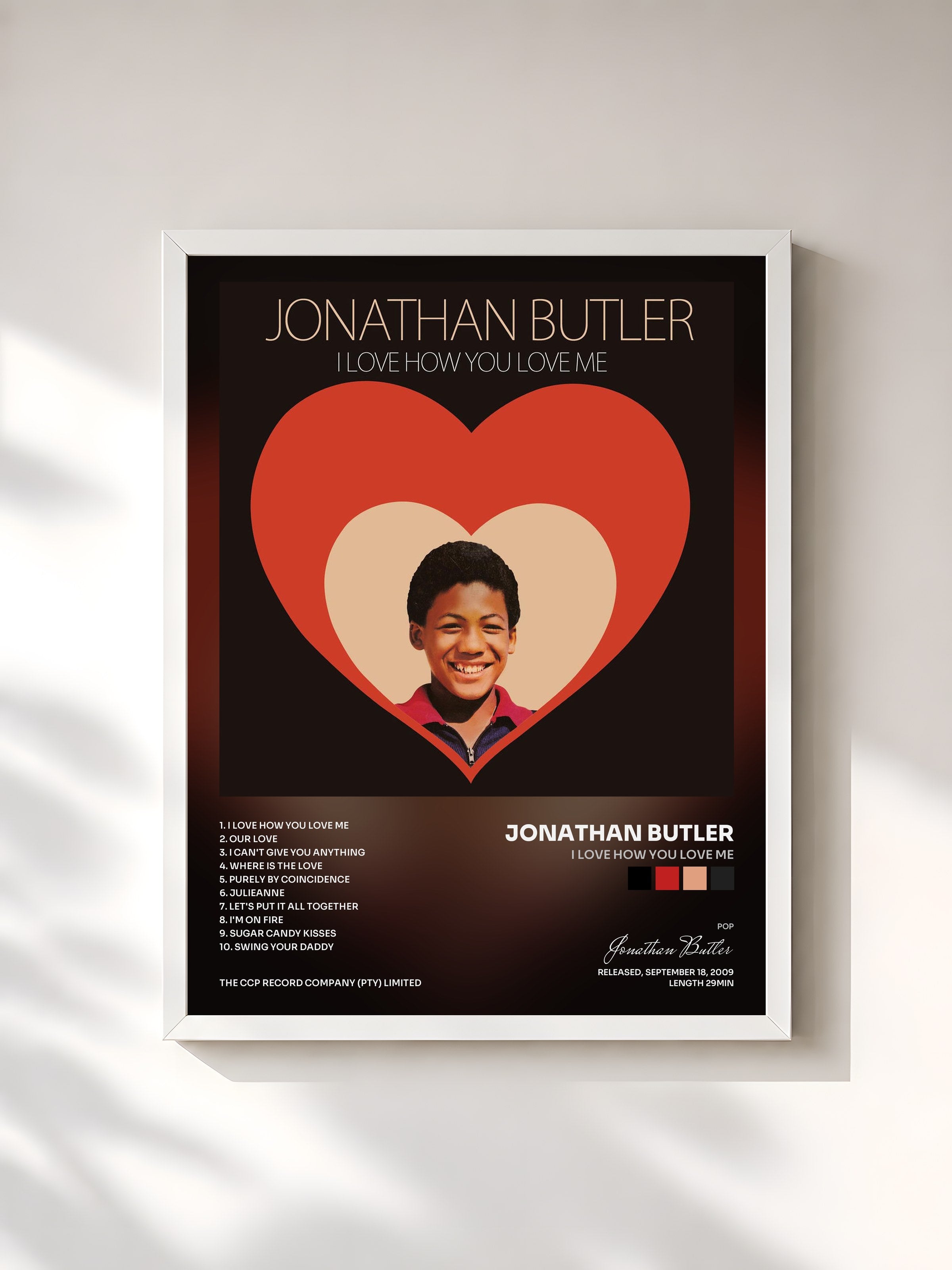 #blanc Tableau de l'album I Love How You Love Me de Jonathan Butler, cadre blanc, imprimé et encadré en France