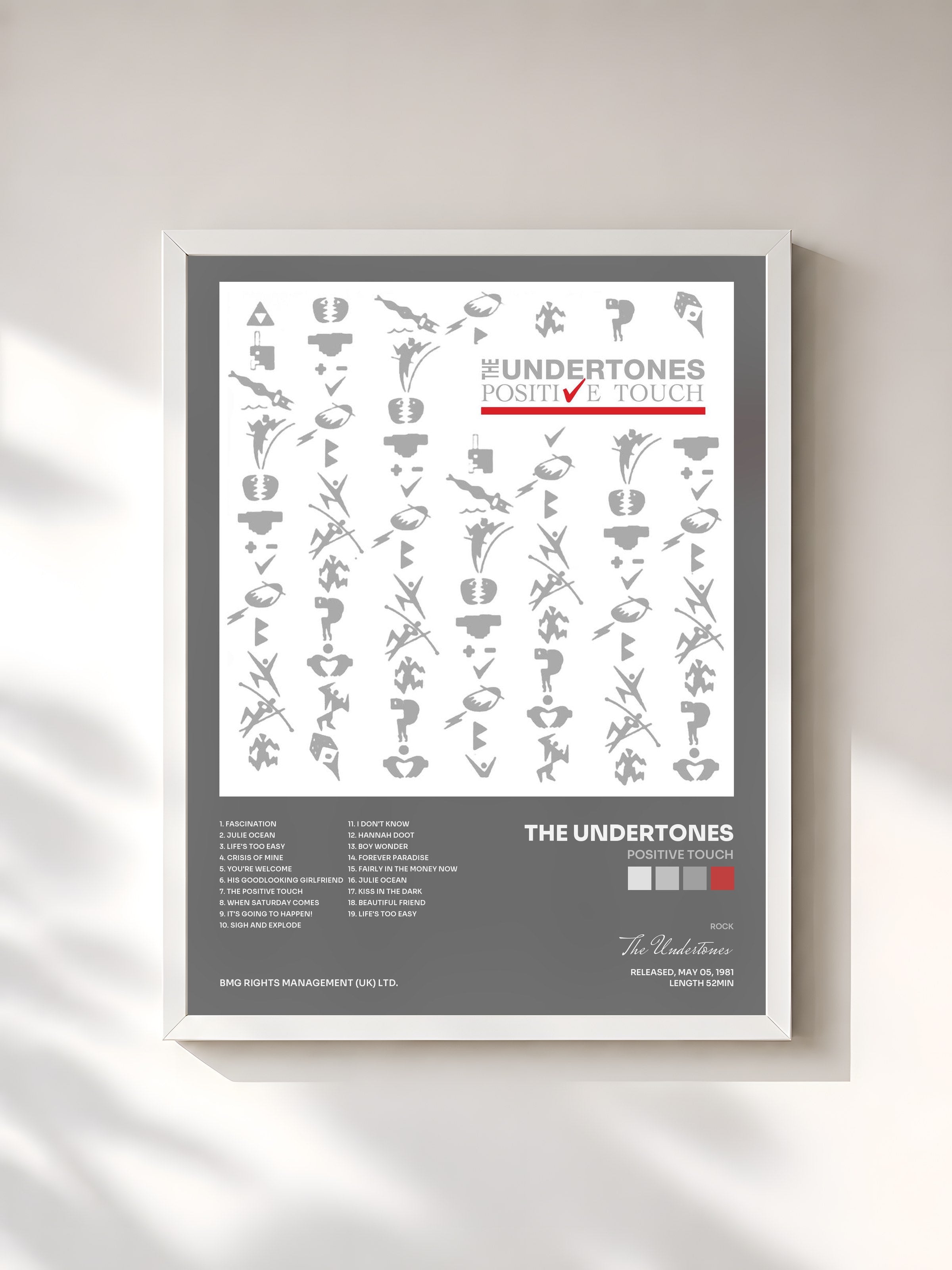 #blanc Tableau de l'album Positive Touch de The Undertones, cadre blanc, imprimé et encadré en France