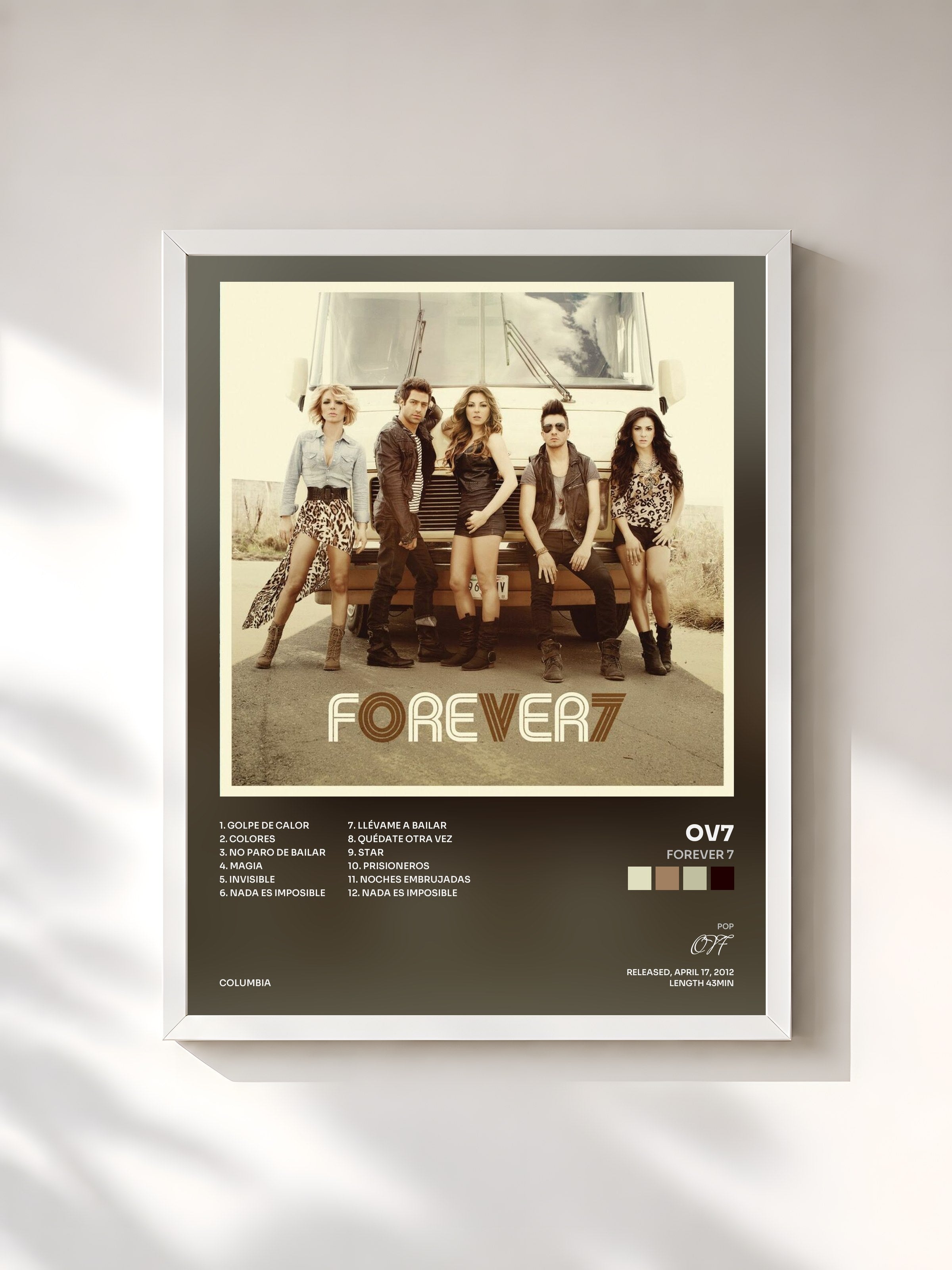 #blanc Tableau de l'album Forever 7 de OV7, cadre blanc, imprimé et encadré en France