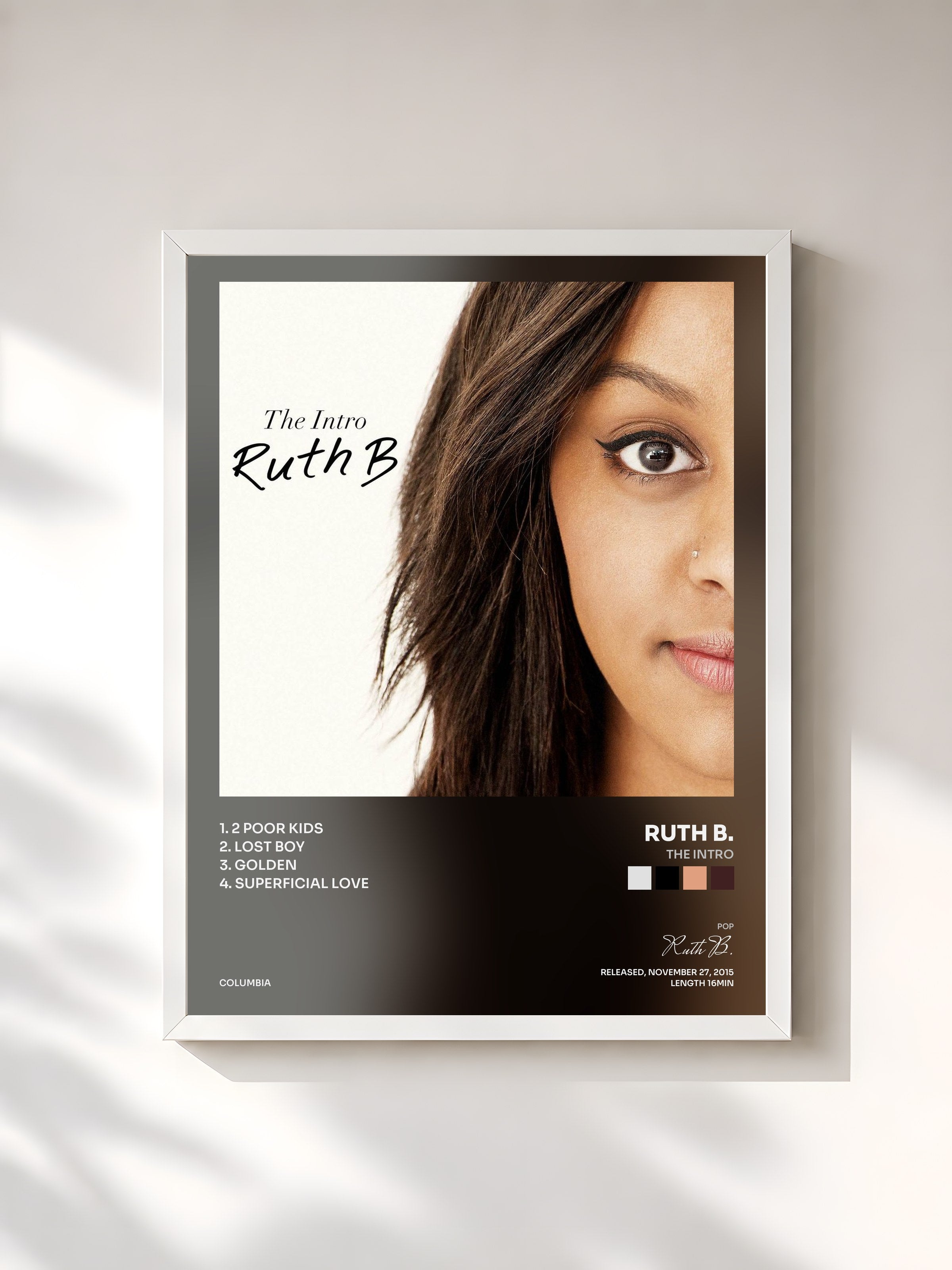 #blanc Tableau de l'album The Intro de Ruth B., cadre blanc, imprimé et encadré en France