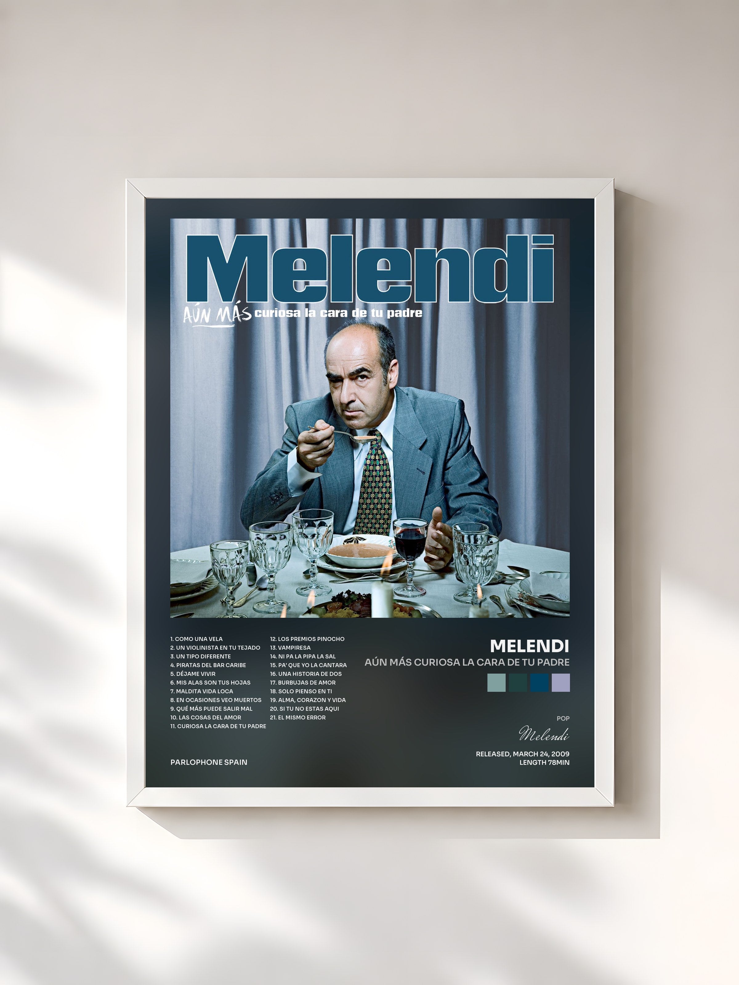 #blanc Tableau de l'album Aún Más Curiosa La Cara De Tu Padre de Melendi, cadre blanc, imprimé et encadré en France