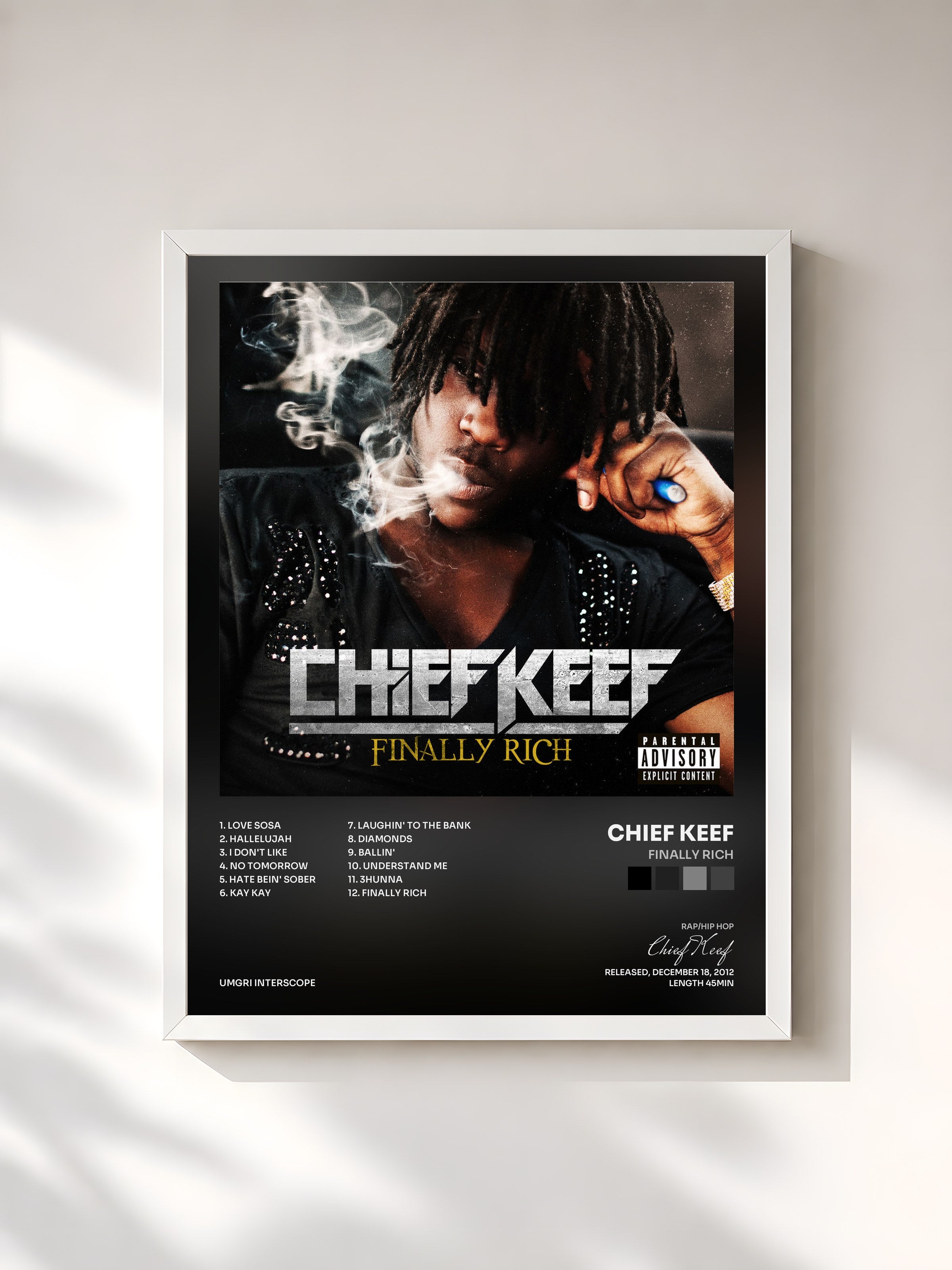#blanc Tableau de l'album Finally Rich de Chief Keef, cadre blanc, imprimé et encadré en France