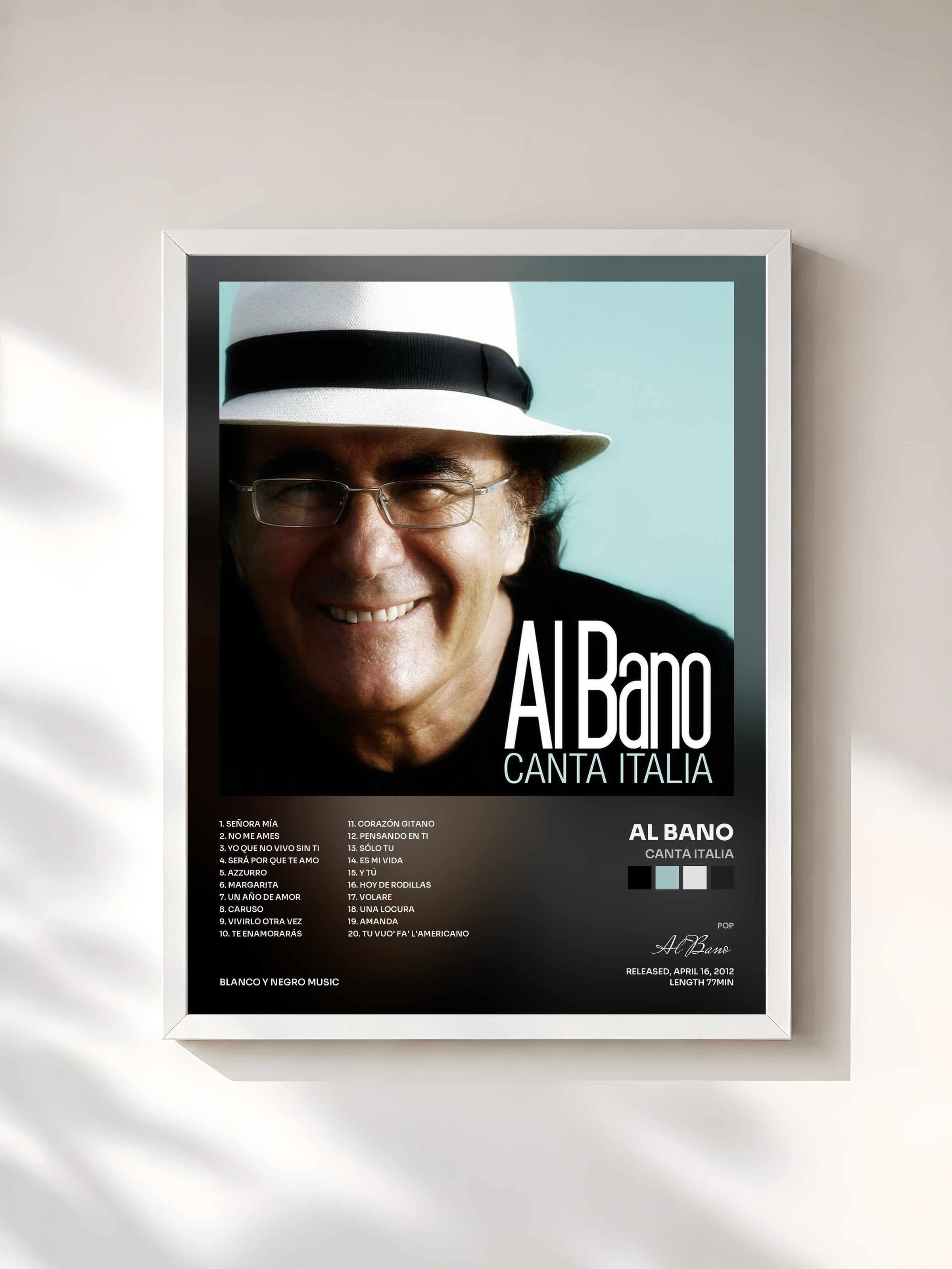 #blanc Tableau de l'album Canta Italia de Al Bano, cadre blanc, imprimé et encadré en France